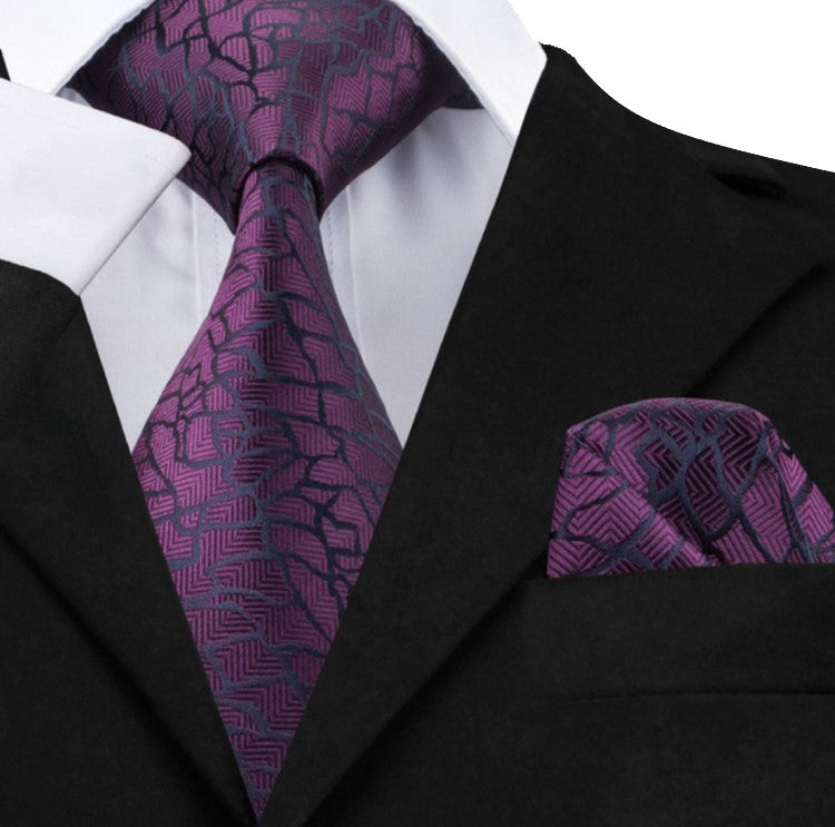 A Purple, Black Abstract Cement Pattern Necktie, Pocket Square