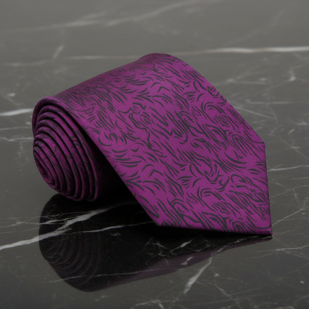 Single Tie: Mulberry Purple, Black Abstract Lines Tie 