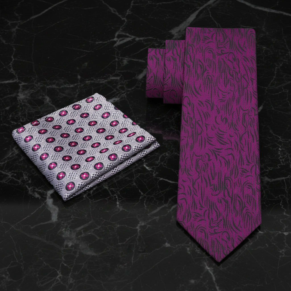 Alt View: Mulberry Purple, Black Abstract Lines Tie and Accenting Grey, Purple Flowers Square
