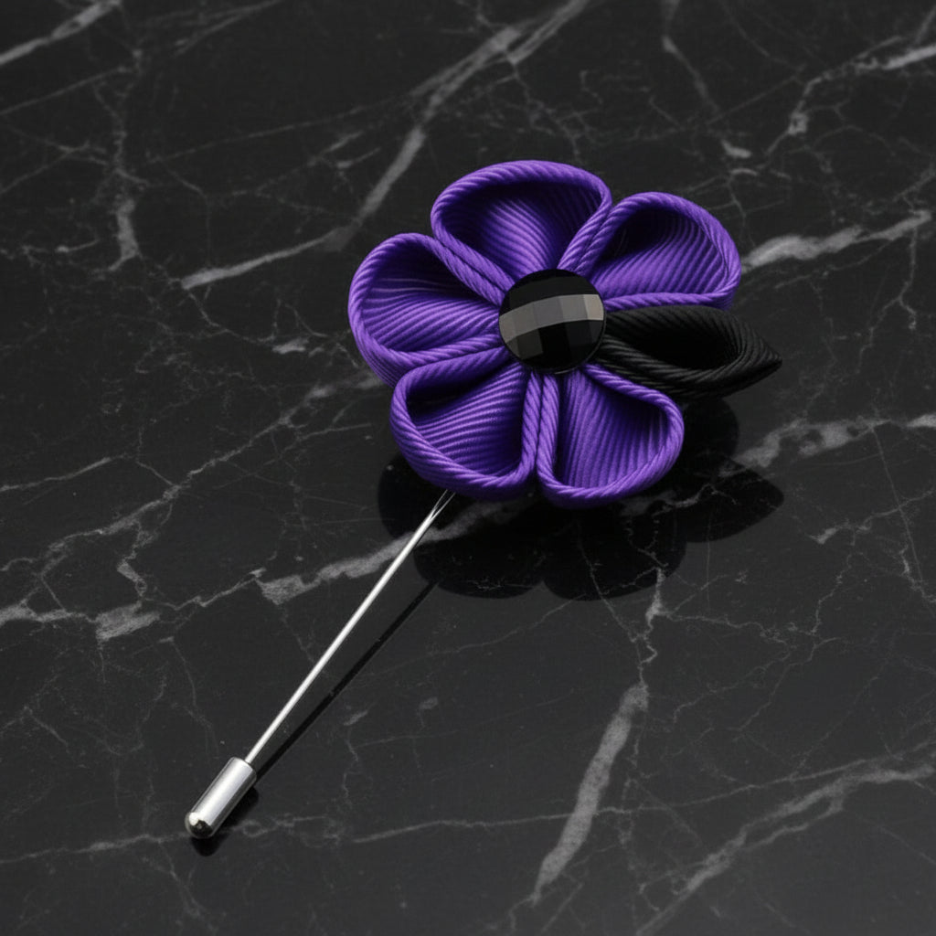 Second View: A Purple, Black Colored Thick Petal Lapel Flower||Purple, Black