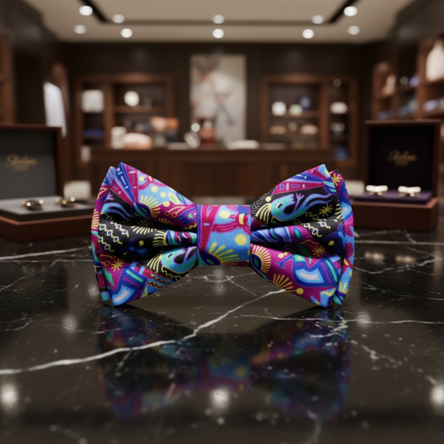 Purple, Black, Light Blue, Yellow Southwestern Symbols Bow Tie  