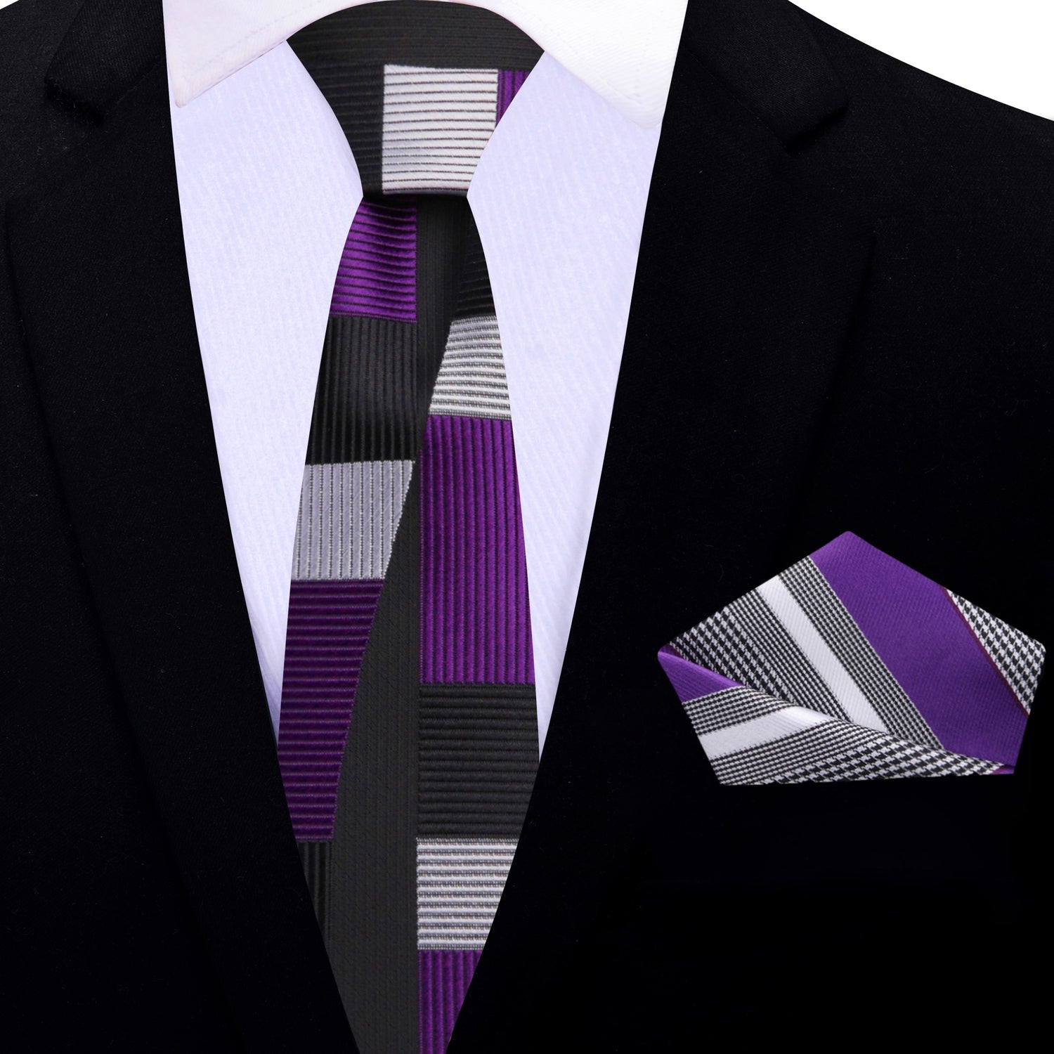 Purple, Black & Silver Geometric Stripe Necktie