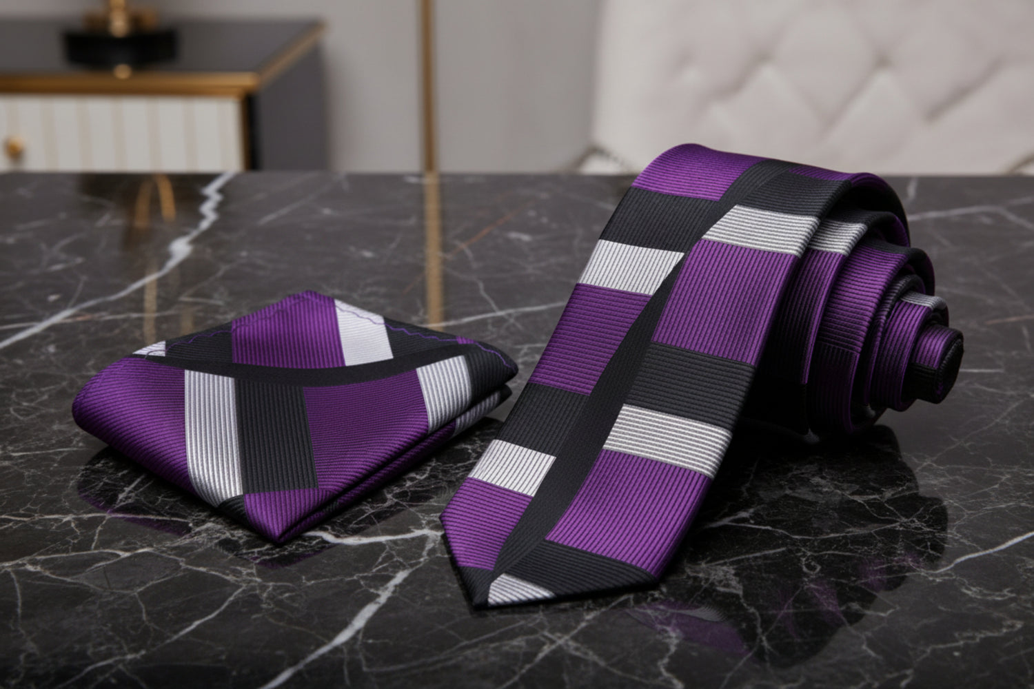 Alt View: Purple, Grey, Black Abstract Tie and Matching Square
