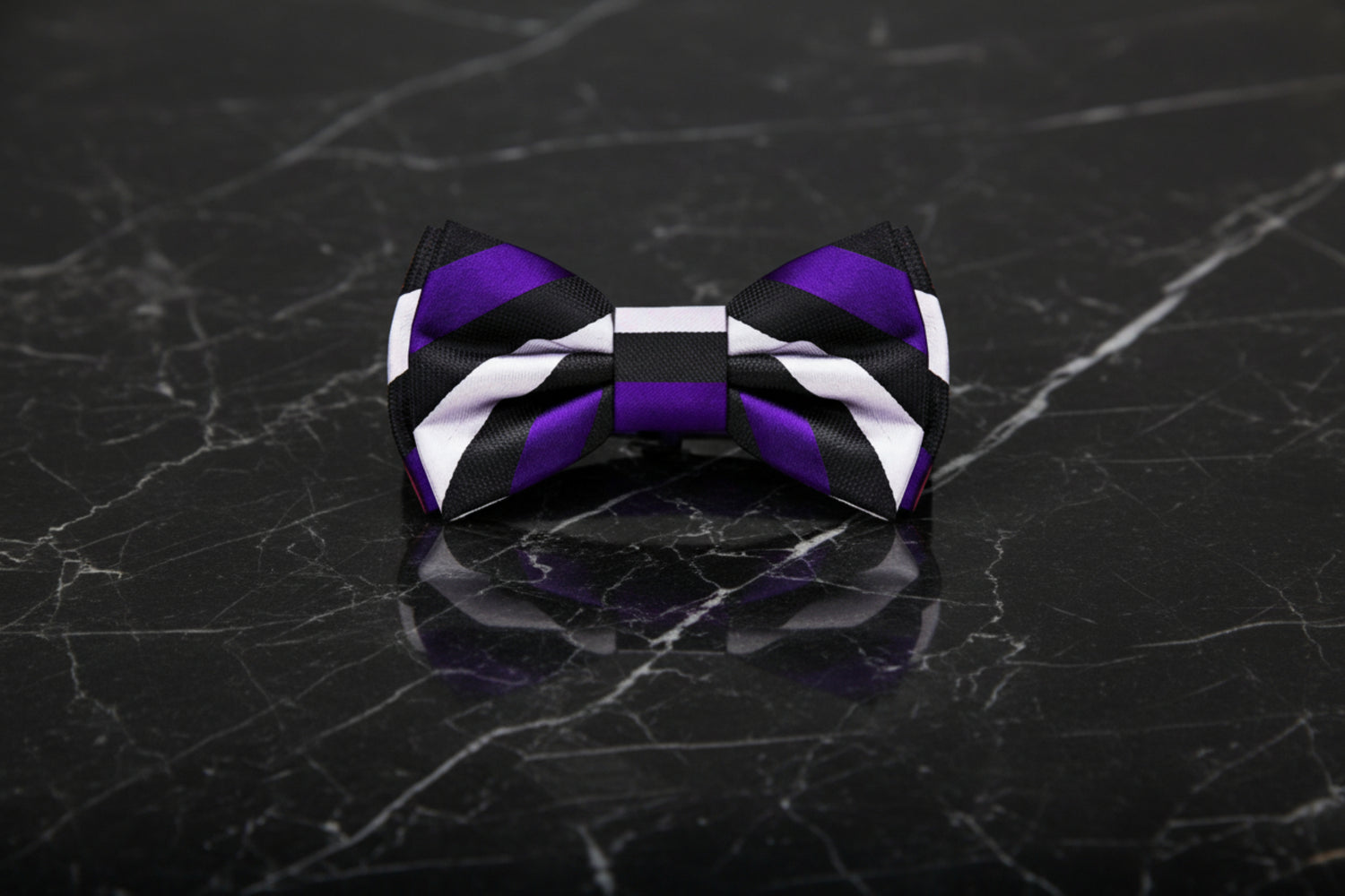 A Purple, Black, White Stripe Pattern Self Tie Bow Tie
