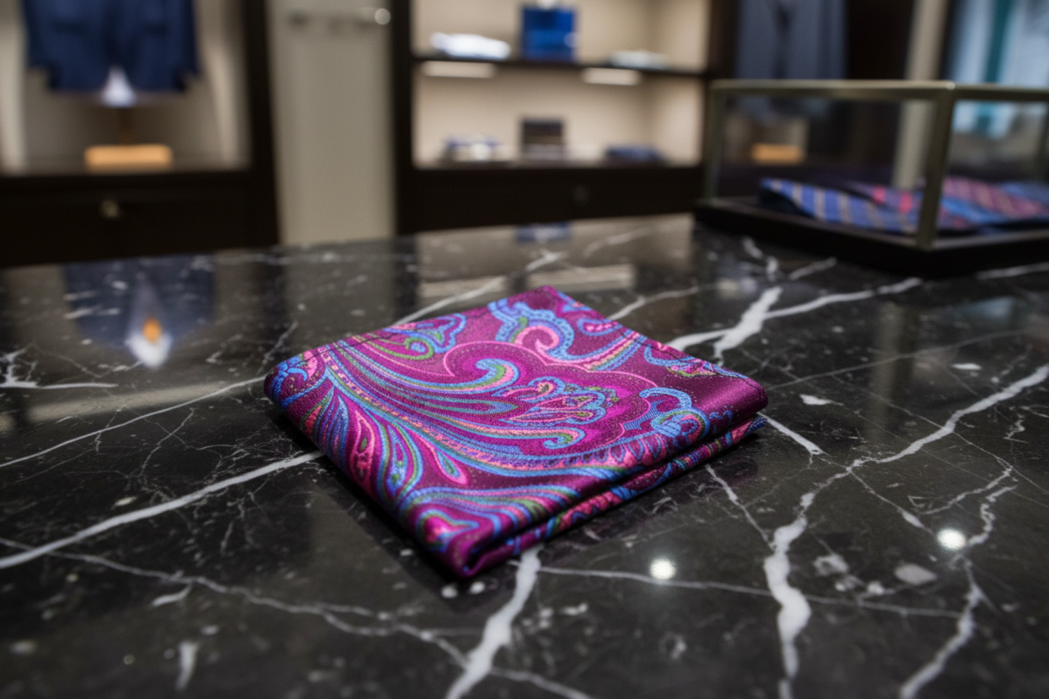 A Purple, Blue Paisley Pattern Silk Pocket Square