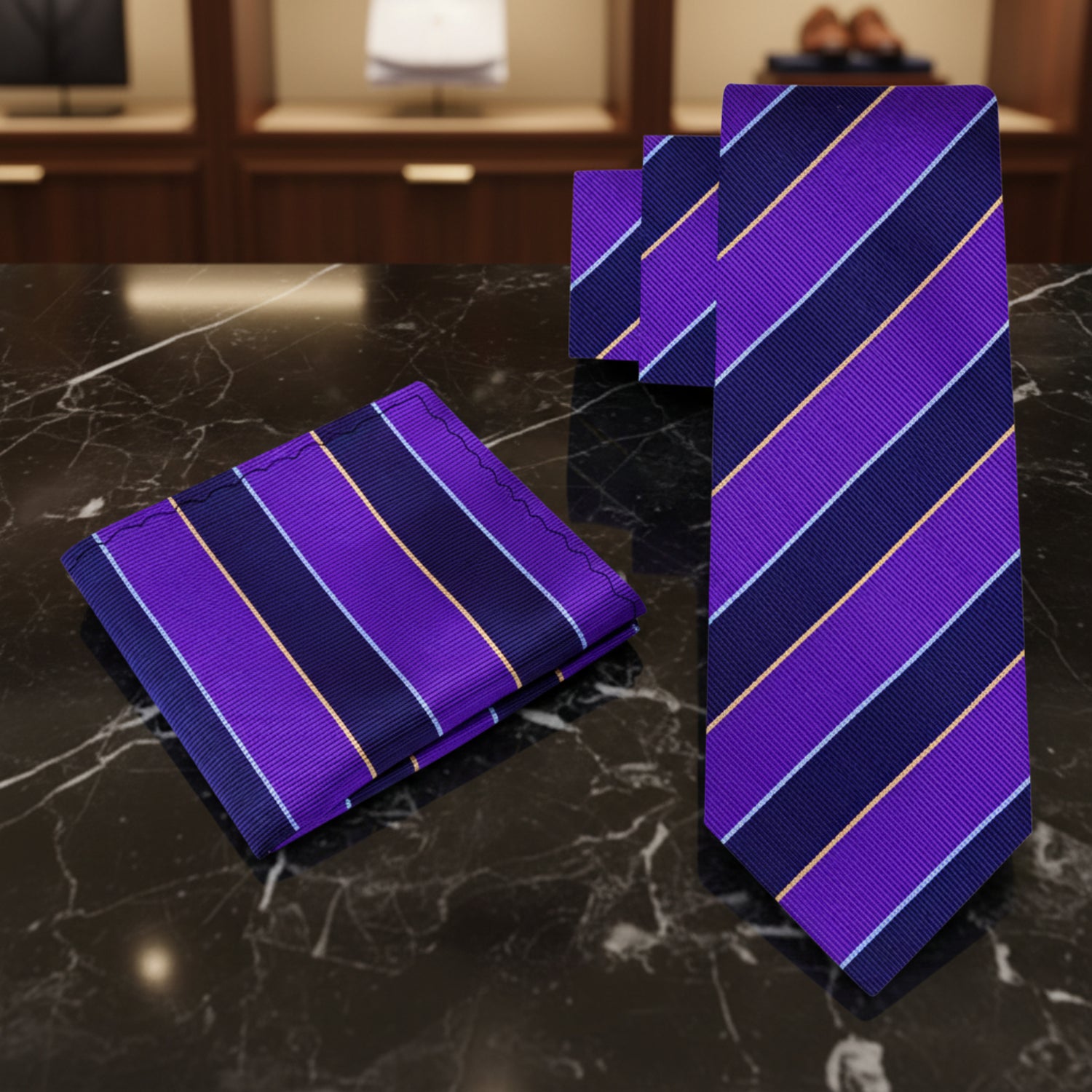 Alt View: A Dark Blue, Purple Stripe Pattern Necktie, With Matching Pocket Square