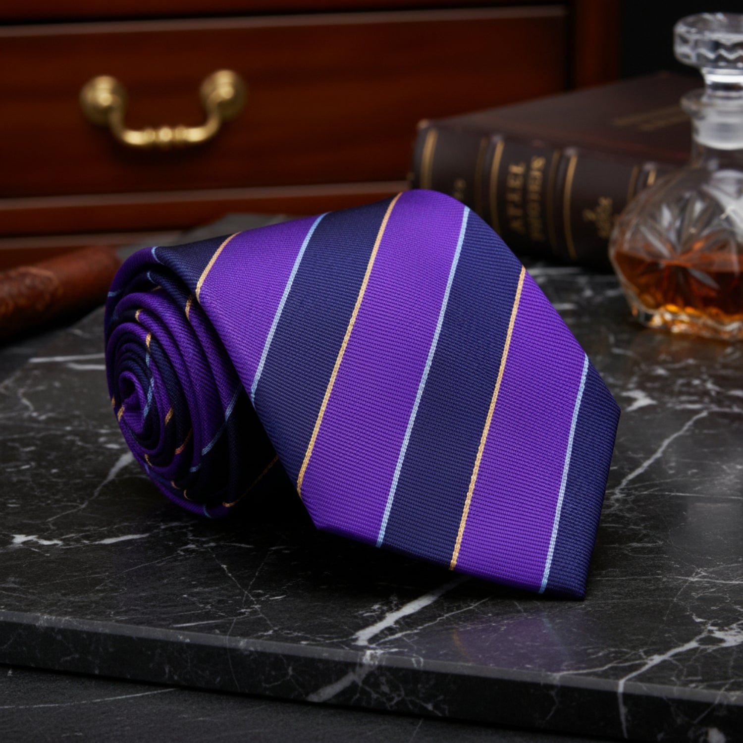 A Dark Blue, Purple Stripe Pattern Necktie 