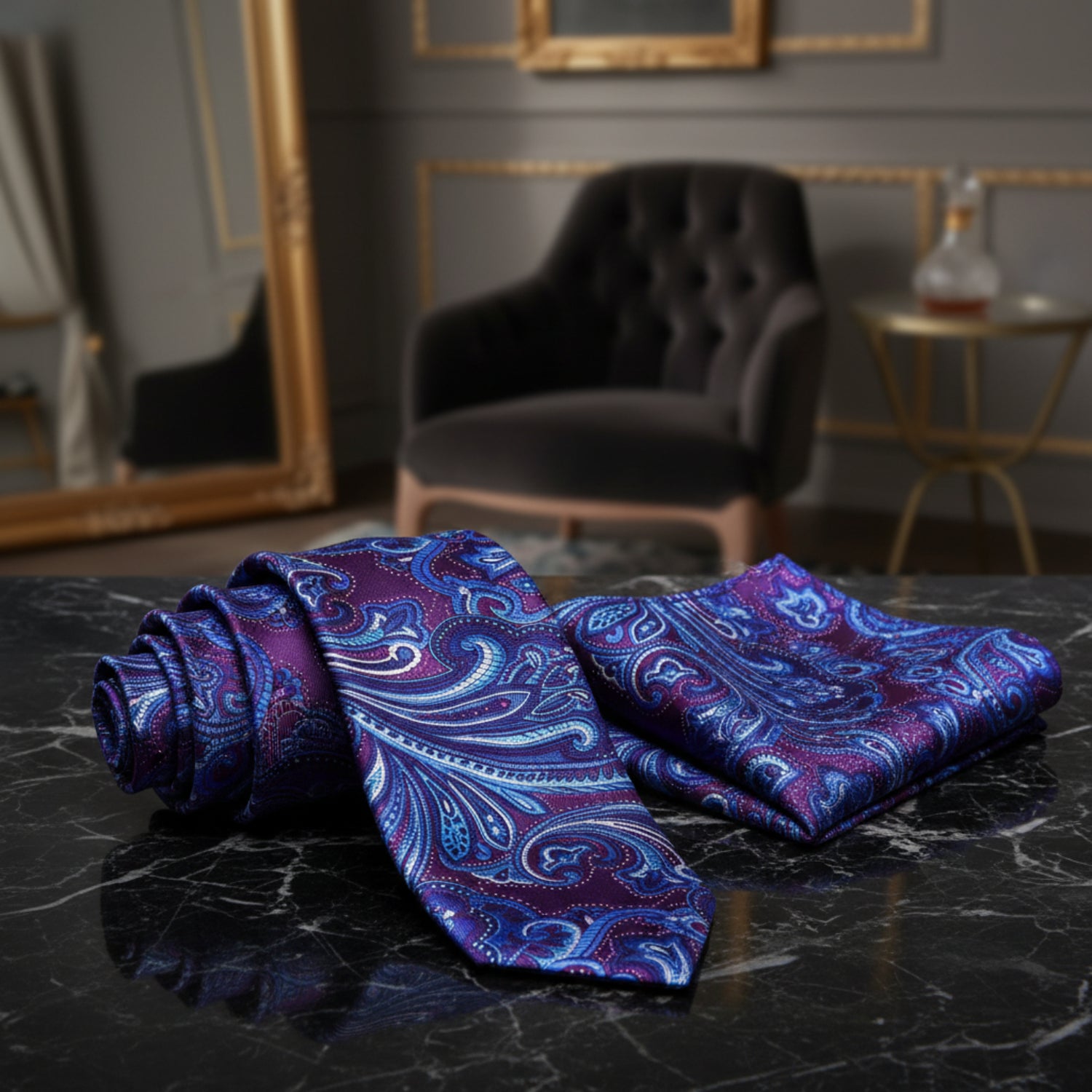 View 2: Purple, Blue Paisley Tie and Square