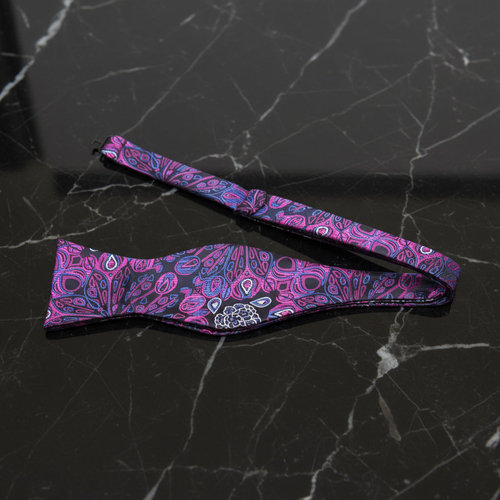 A Purple, Blue Abstract Peacock Feather Pattern Self Tie Bow Tie Untied