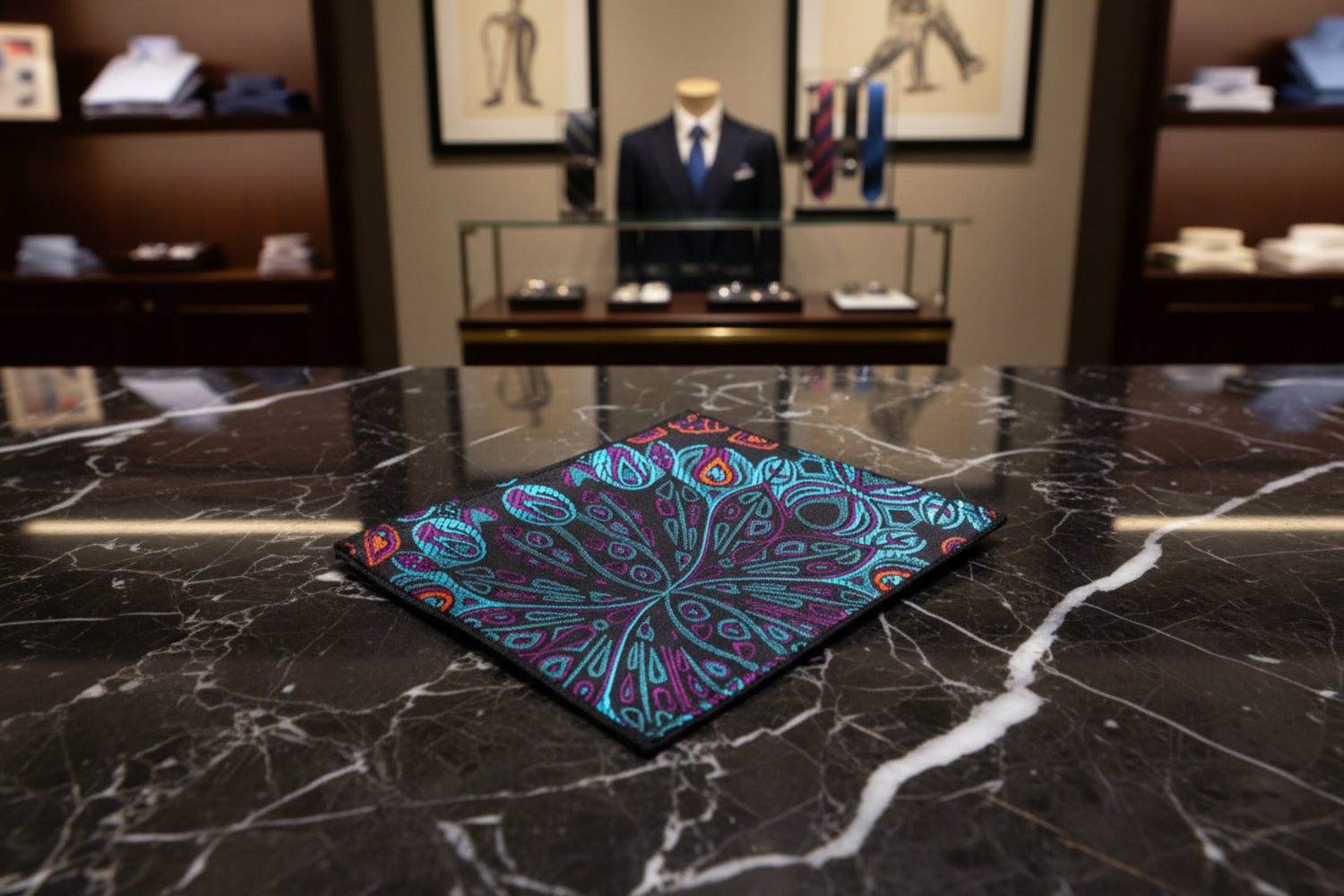 A Purple, Blue, Orange Abstract Peacock Feather Pattern Pocket Square