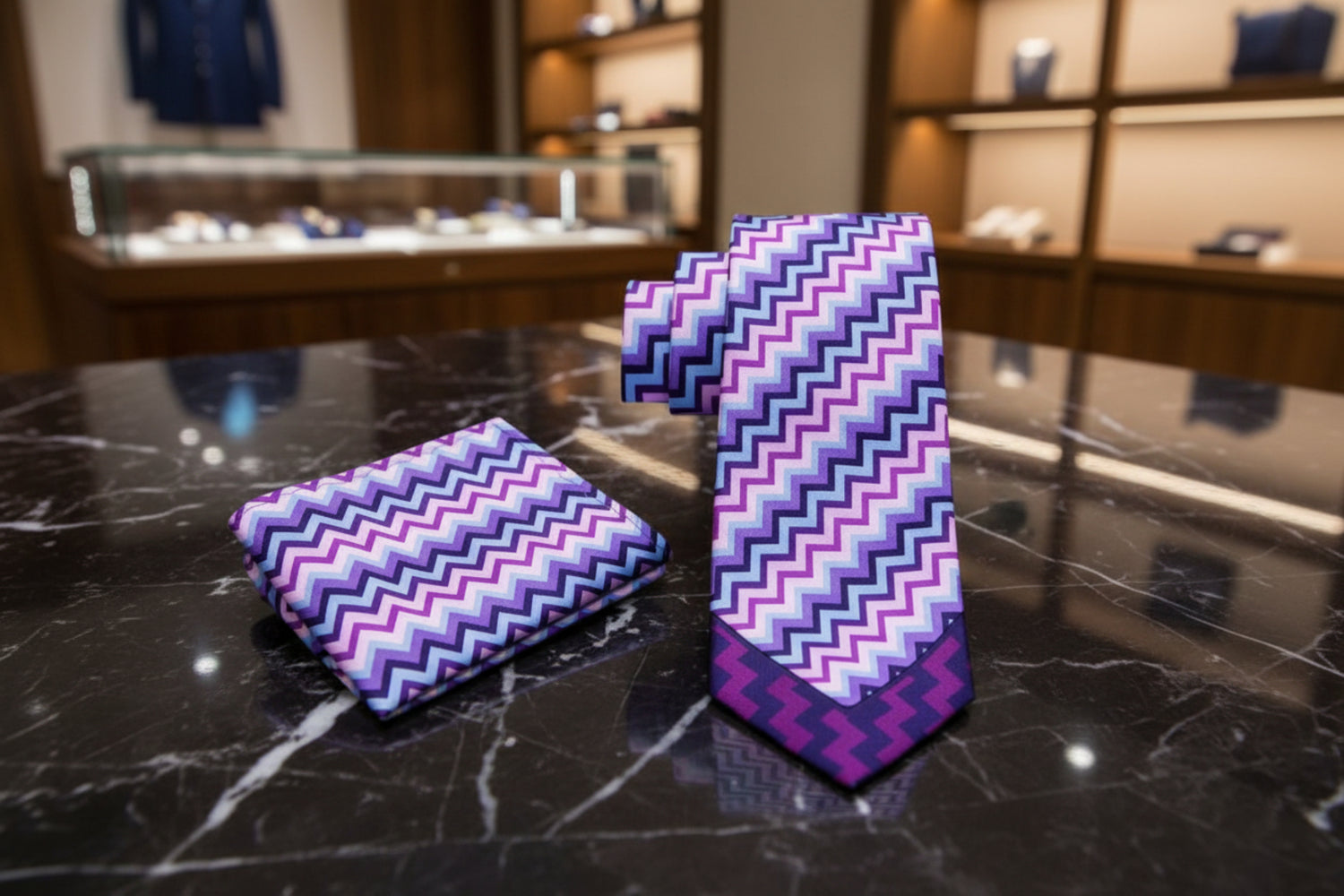 Purple, Pink, Blue Jagged Lines Tie and Pocket Square