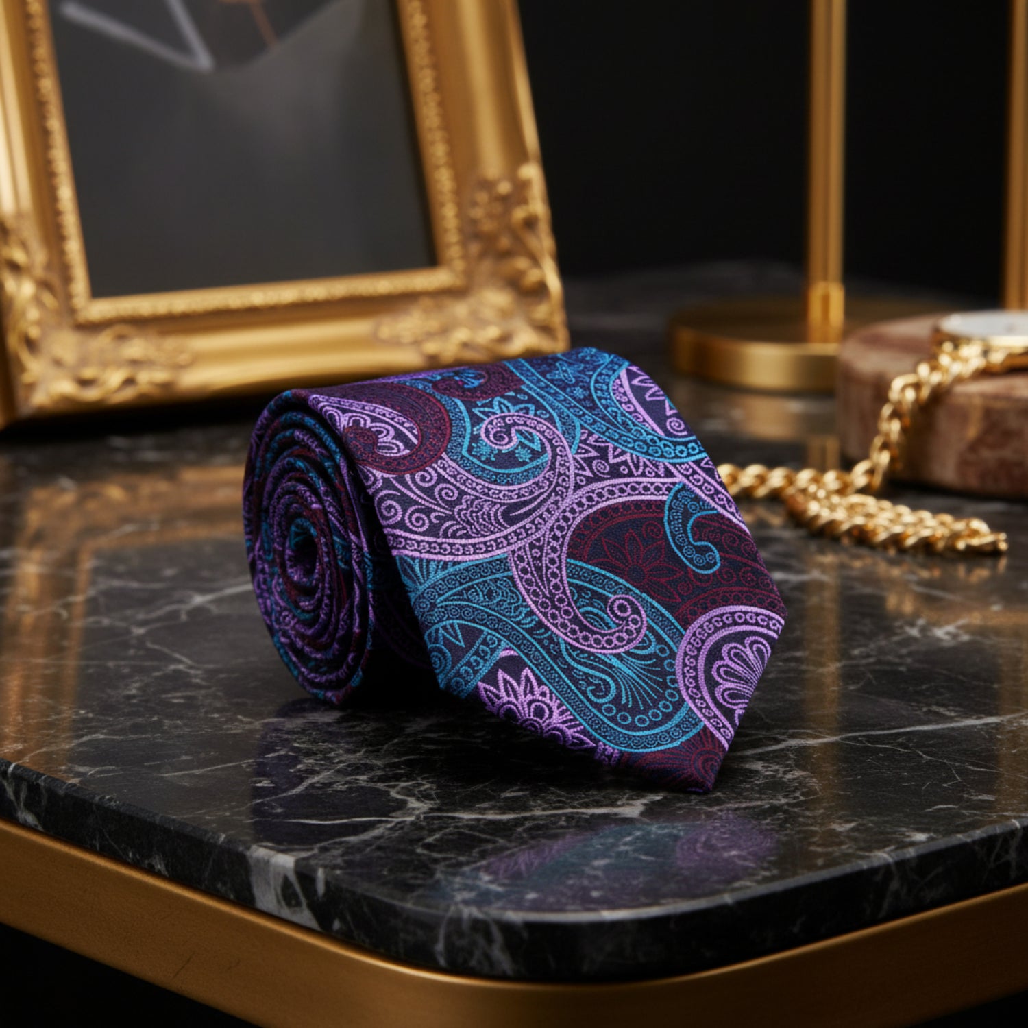 A Light Purple, Teal, Purple Paisley Pattern Necktie 