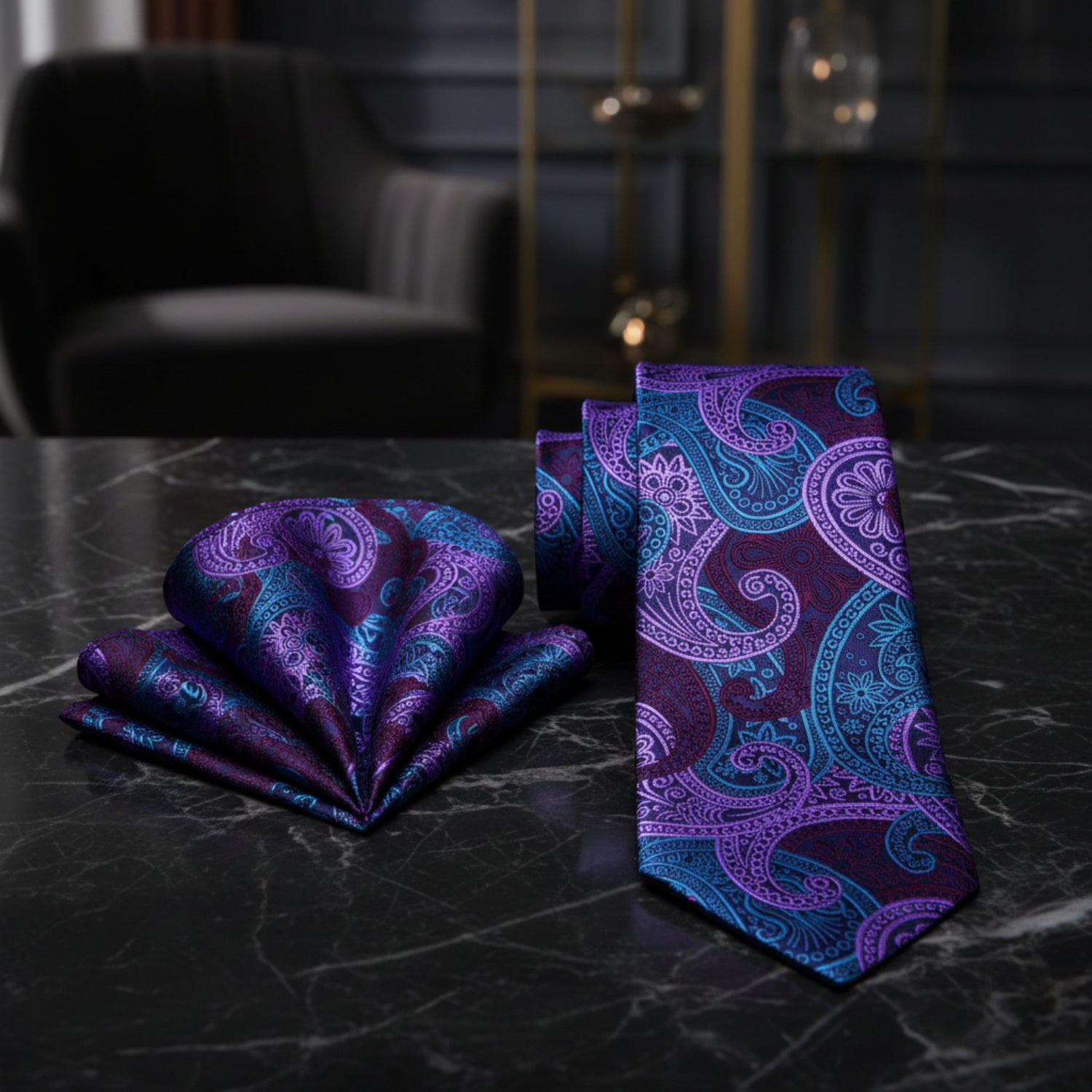 Alt View: A Light Purple, Teal, Purple Paisley Pattern Necktie With Matching Pocket Square