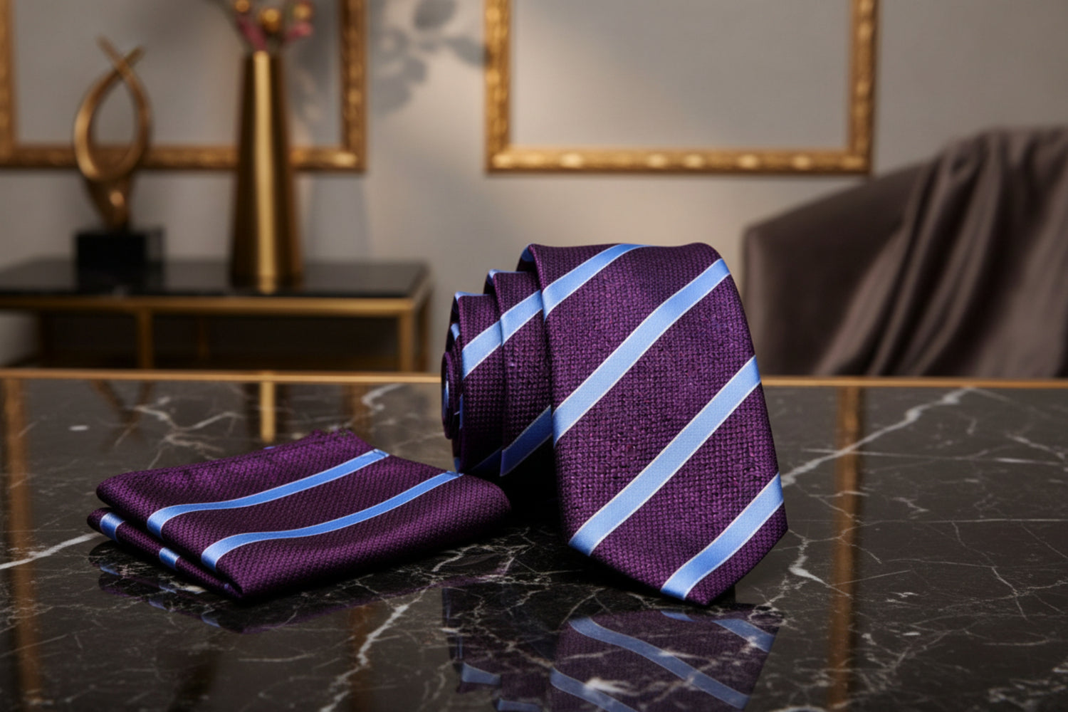 Alt View: Purple, Light Blue Stripe Tie and Pocket Square