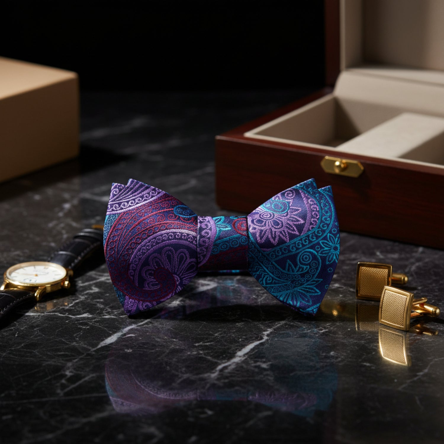 Teal Blue Paisley Bow Tie 