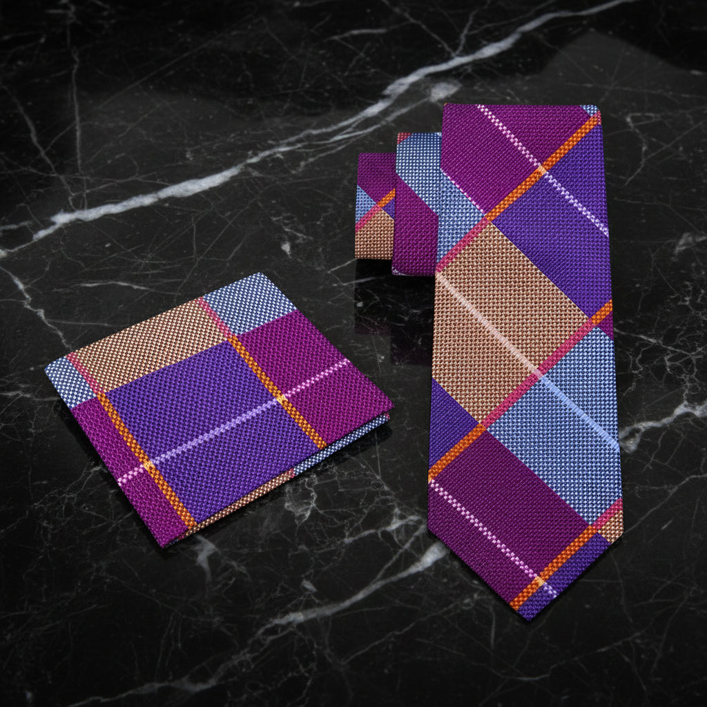 Alt View: A Purple, Cream, Blue Plaid Pattern Necktie, With Matching Pocket Square