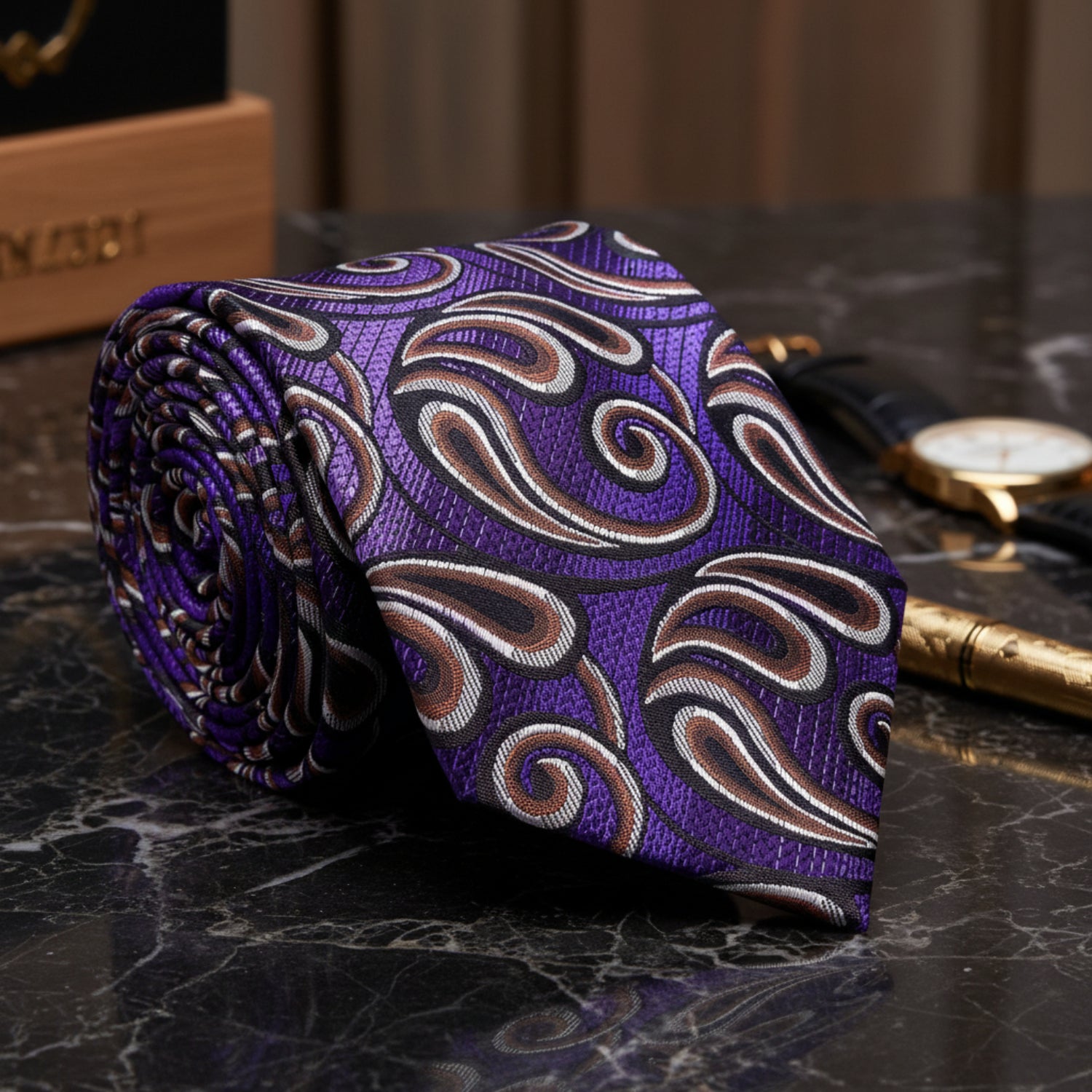 A Dark Purple, Purple, Brown Paisley Pattern Necktie 