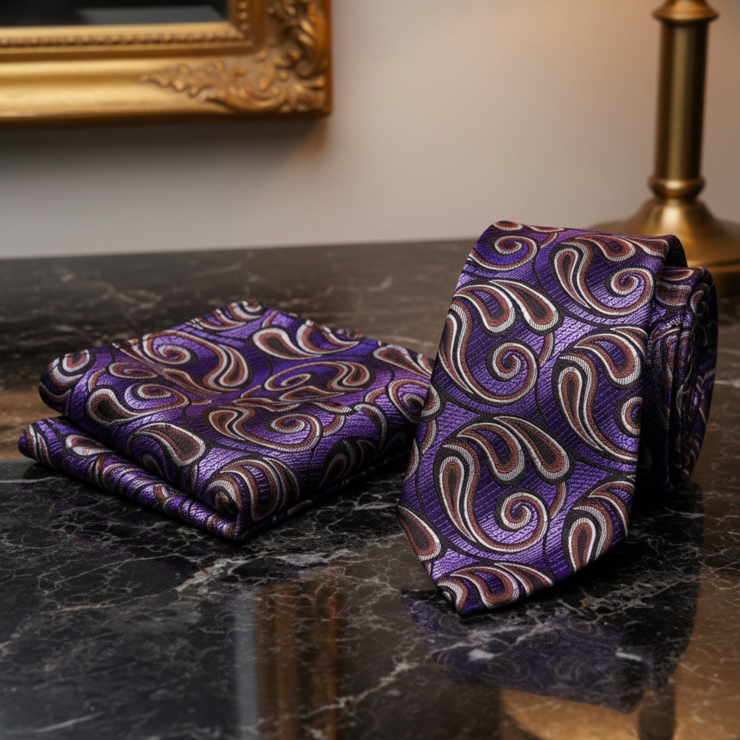 Alt View: A Dark Purple, Purple, Brown Paisley Pattern Necktie, Matching Pocket Square
