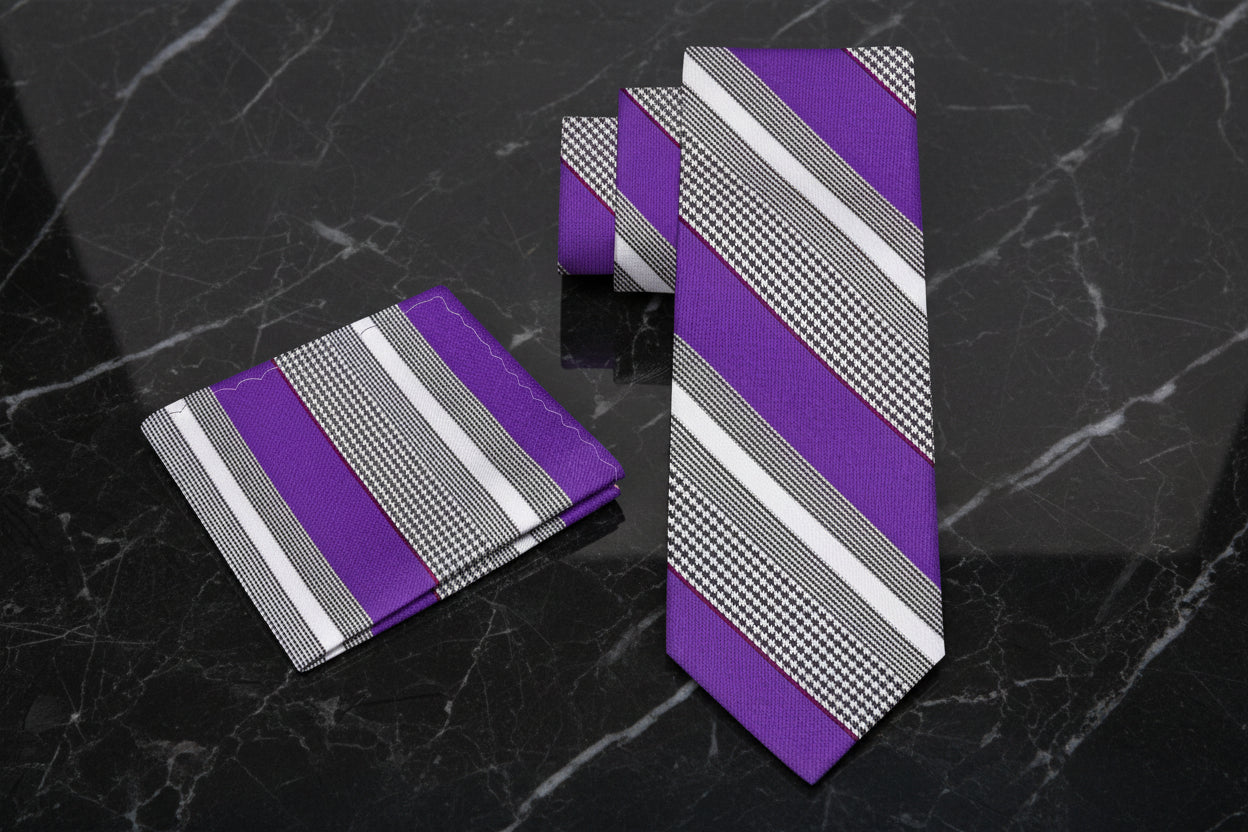 Alt View: A Purple, Grey, White Color Stripe Pattern Tie, Pocket Square