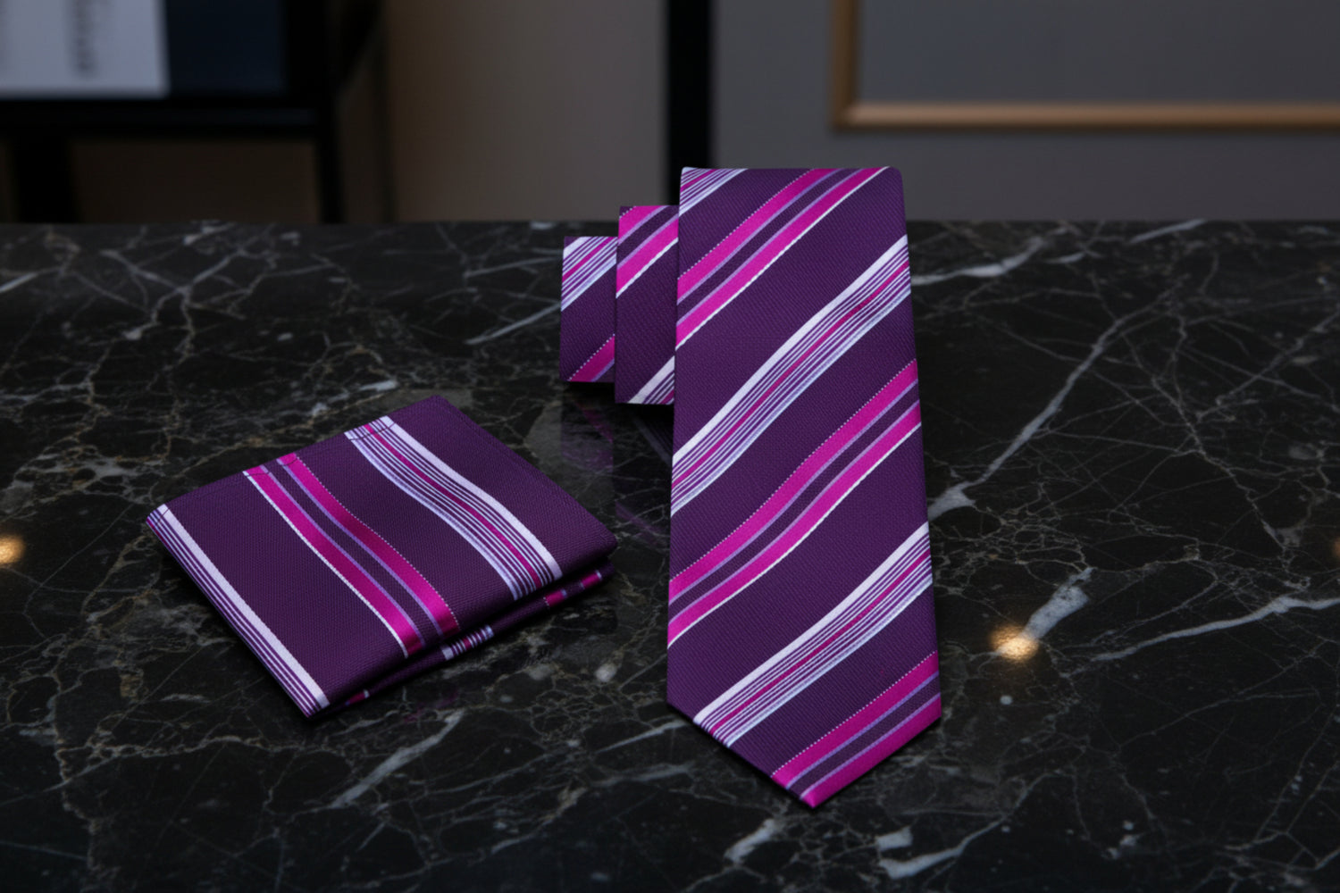 Alt View: A Purple, Dark Purple Stripe Pattern Necktie, With Matching Pocket Square