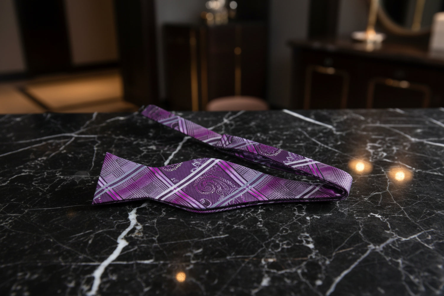 Self Tie: A Purple Geometric and Paisley Pattern Self Tie Bow Tie
