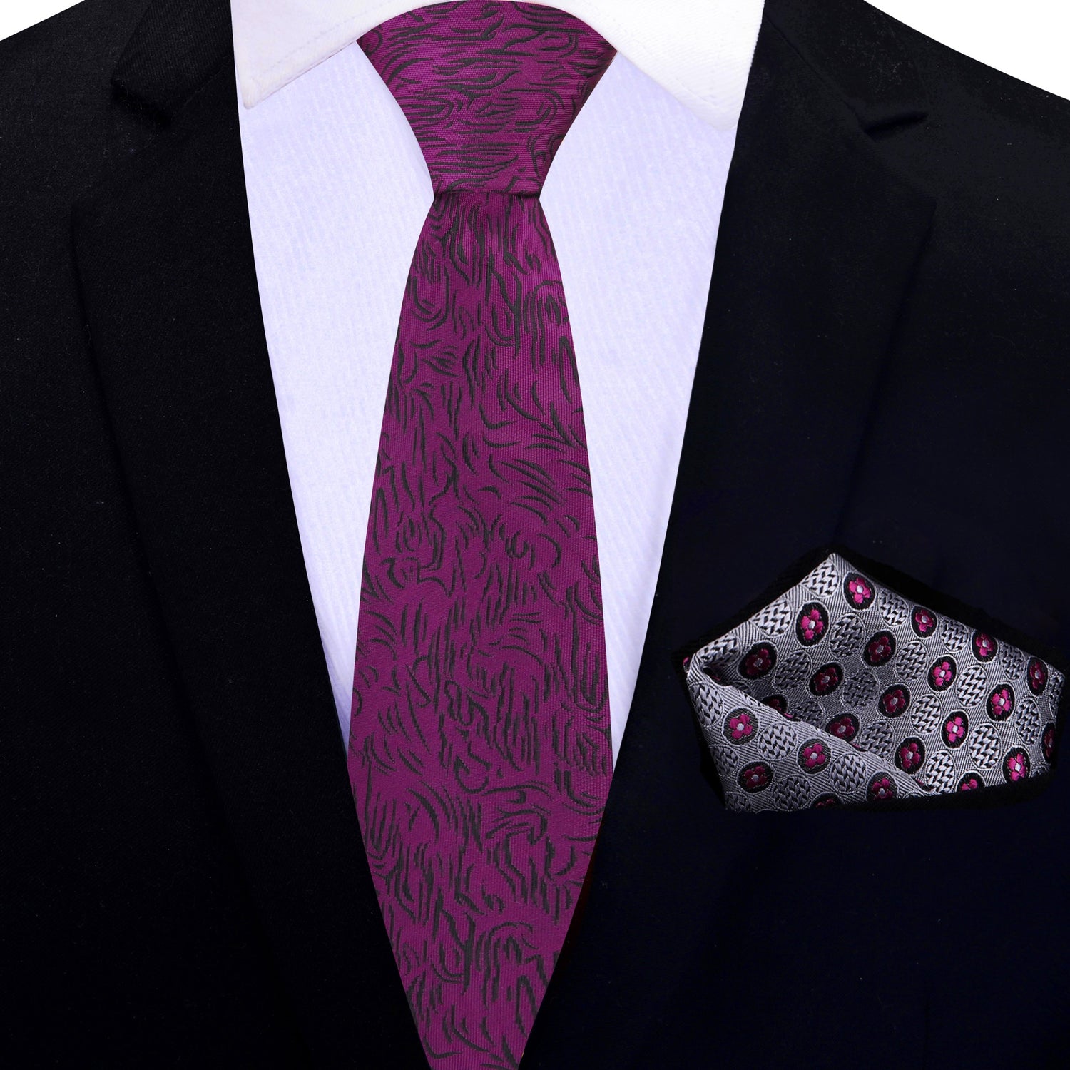 Thin Tie: Mulberry Purple, Black Abstract Lines Tie and Accenting Grey, Purple Flowers Square