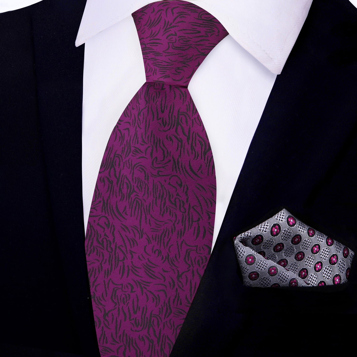 View 2: Mulberry Purple, Black Abstract Lines Tie and Accenting Grey, Purple Flowers Square