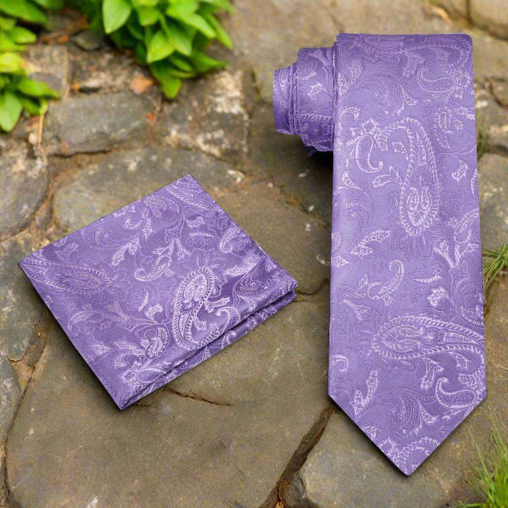 Alt View: A Purple Paisley Pattern Silk Necktie, Matching Pocket Square