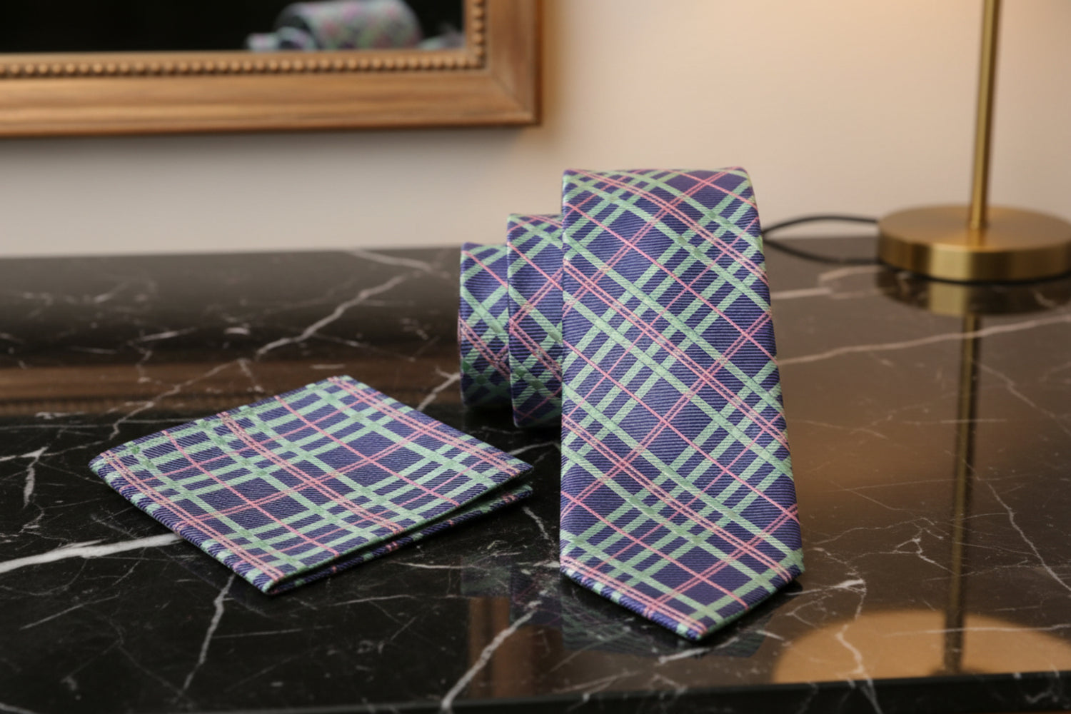 Alt View: Purple and Green Vendetta Plaid Tie and Pocket Square