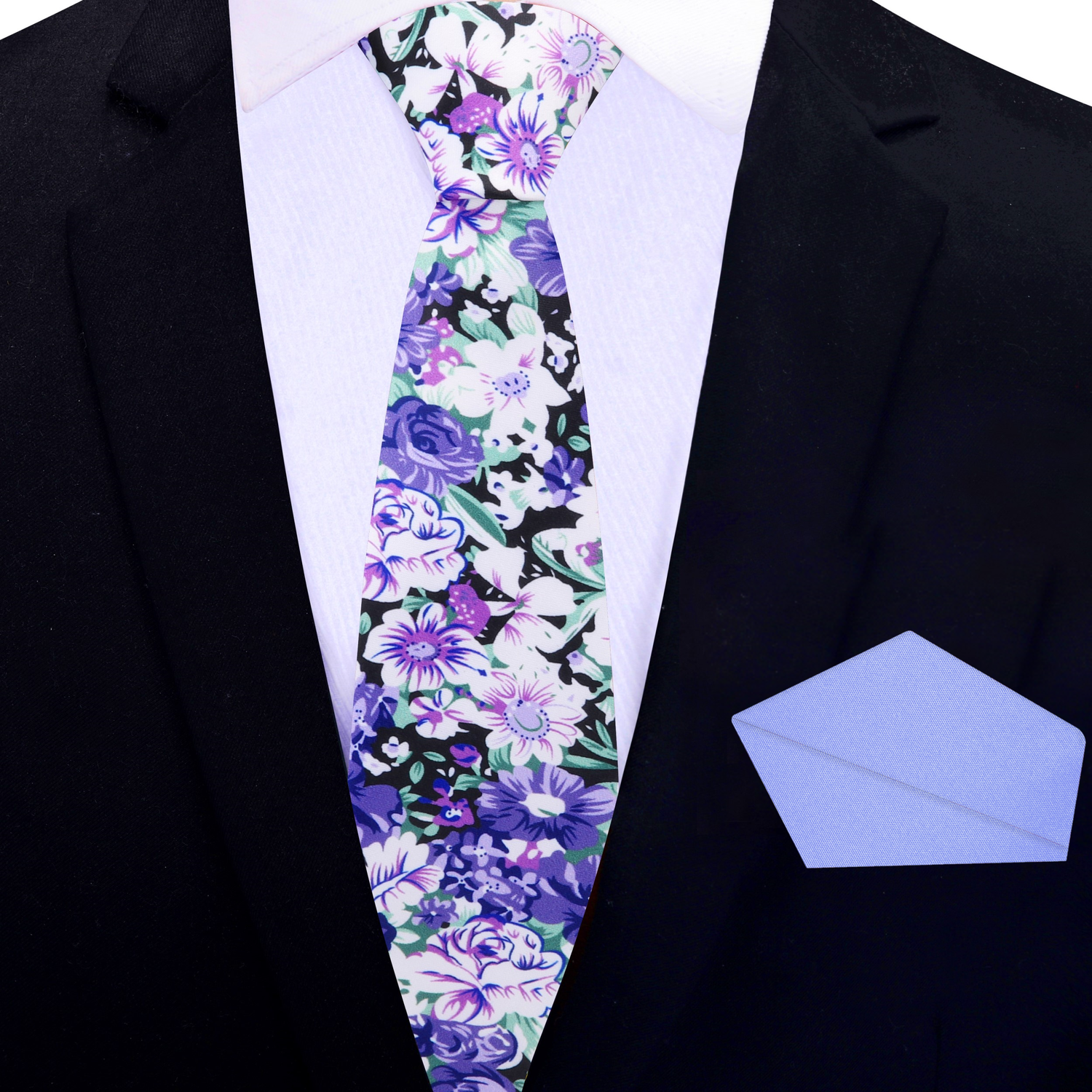 Thin Tie: Purple, Green, White Floral Tie and Accenting Soft Purple Square