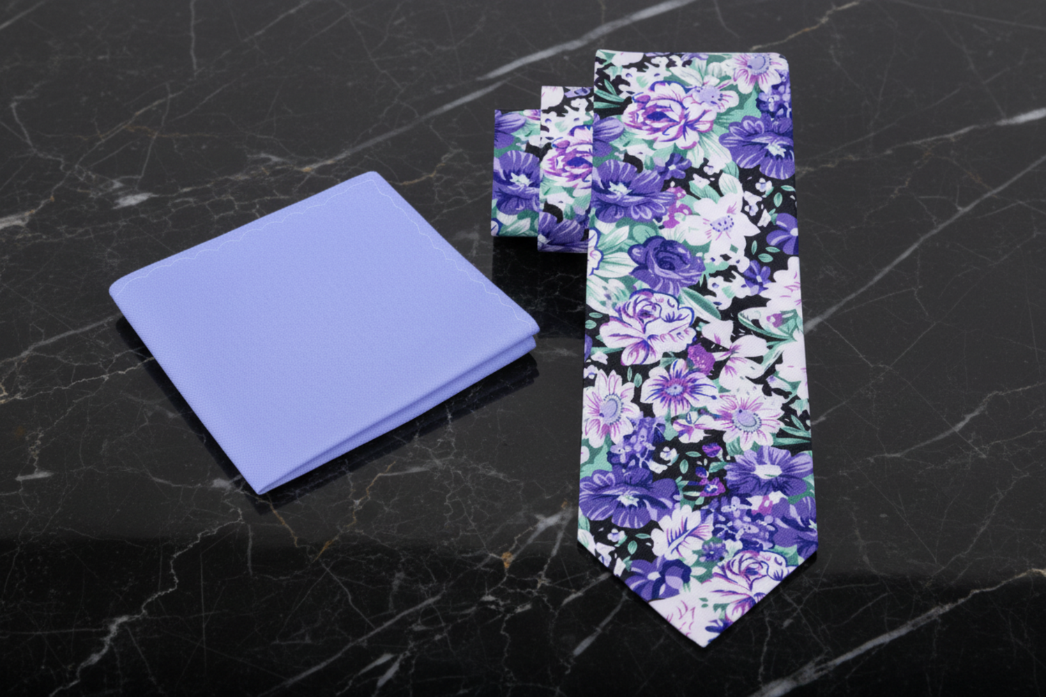 Alt View: Purple, Green, White Floral Tie and Accenting Soft Purple Square