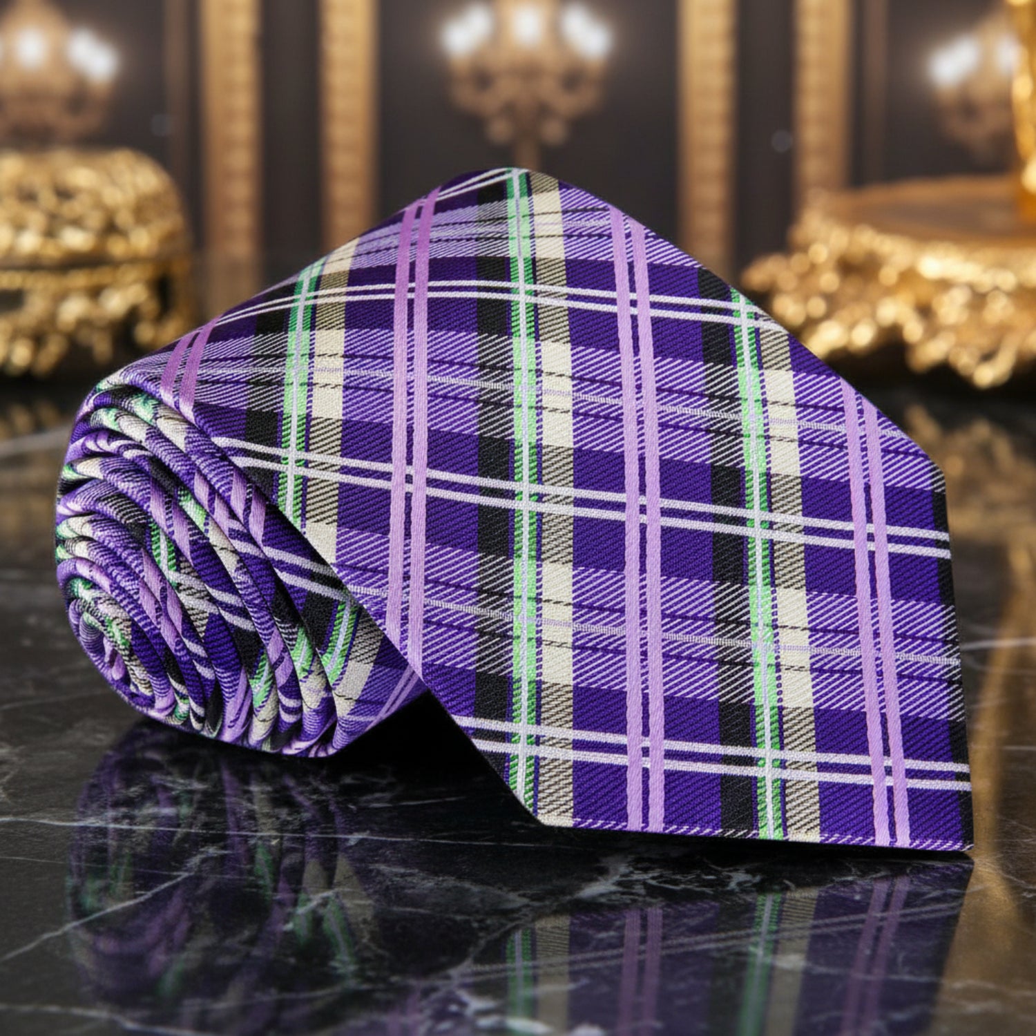 A Purple, Green, Black Plaid Pattern Necktie