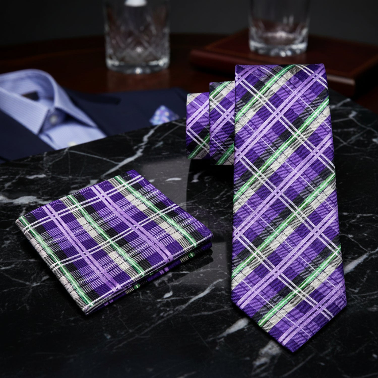 View 2: A Purple, Green, Black Plaid Pattern Necktie, Matching Pocket Square