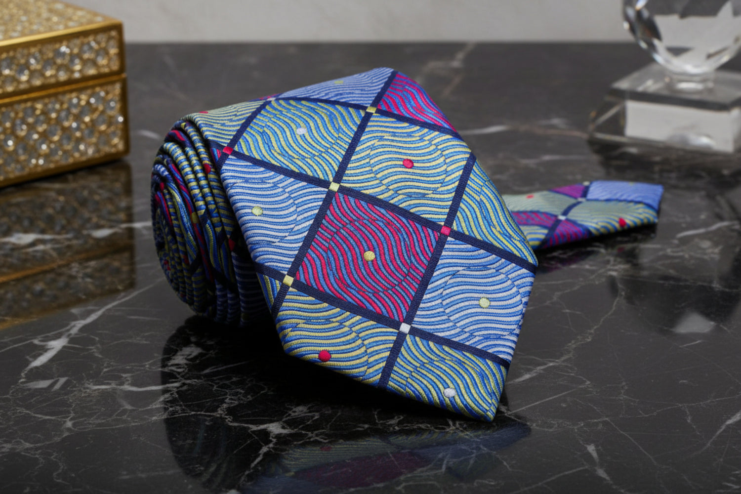 A Purple, Green, Blue Geometric With Small Dots Pattern Necktie 