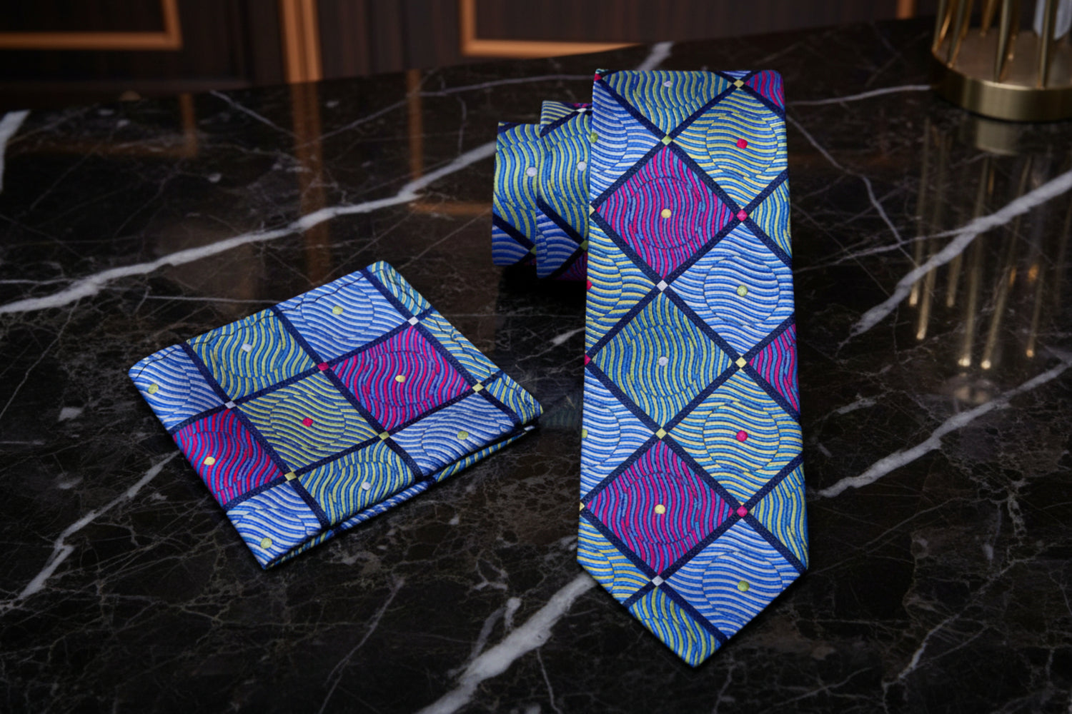 Alt view: A Purple, Green, Blue Geometric With Small Dots Pattern Necktie, Matching Pocket Square