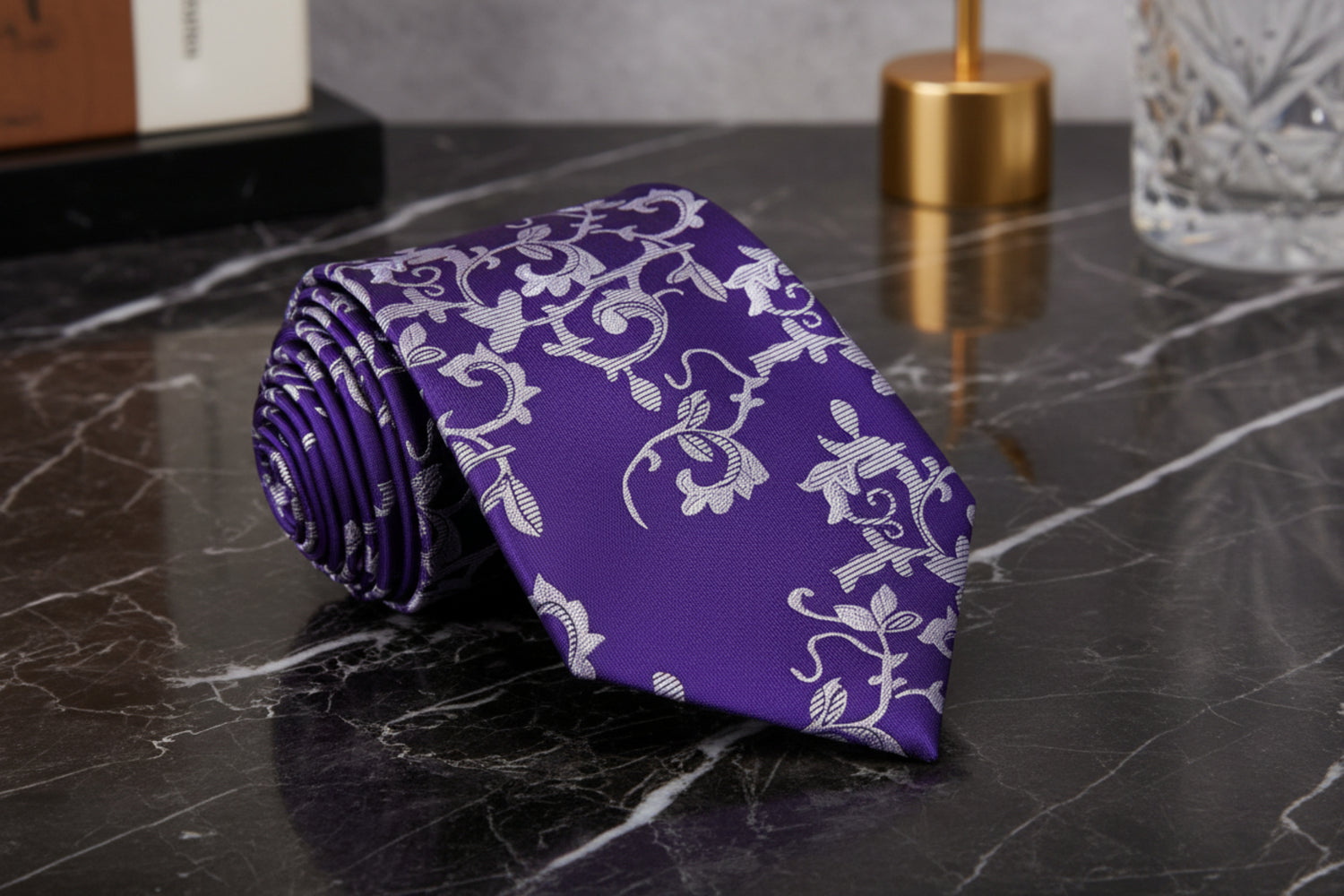 A Purple, Grey Vine Floral Pattern Necktie 