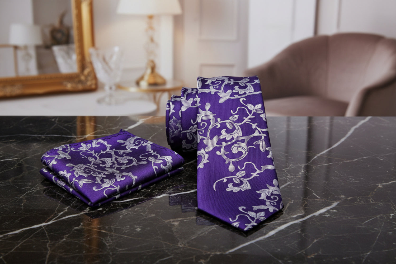 Alt View: A Purple, Grey Vine Floral Pattern Necktie, Matching Pocket Square