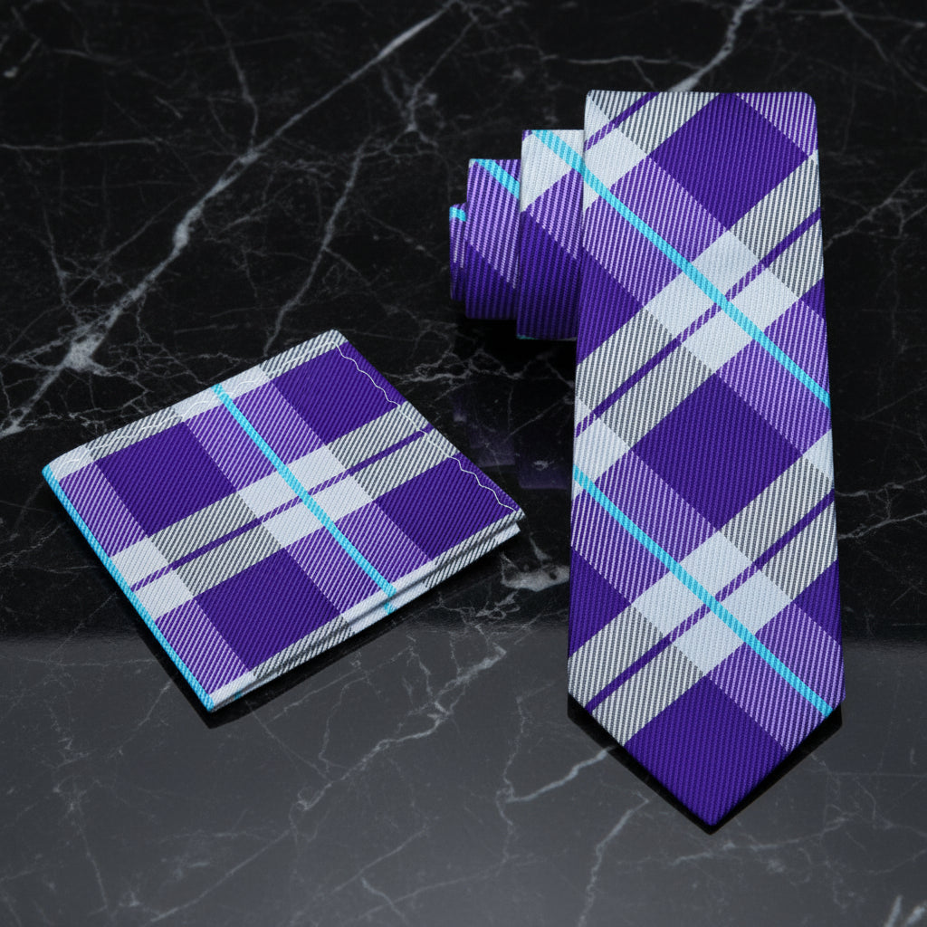 Alt View: A Purple, Light Blue, Grey Plaid Pattern Necktie, With Matching Pocket Square