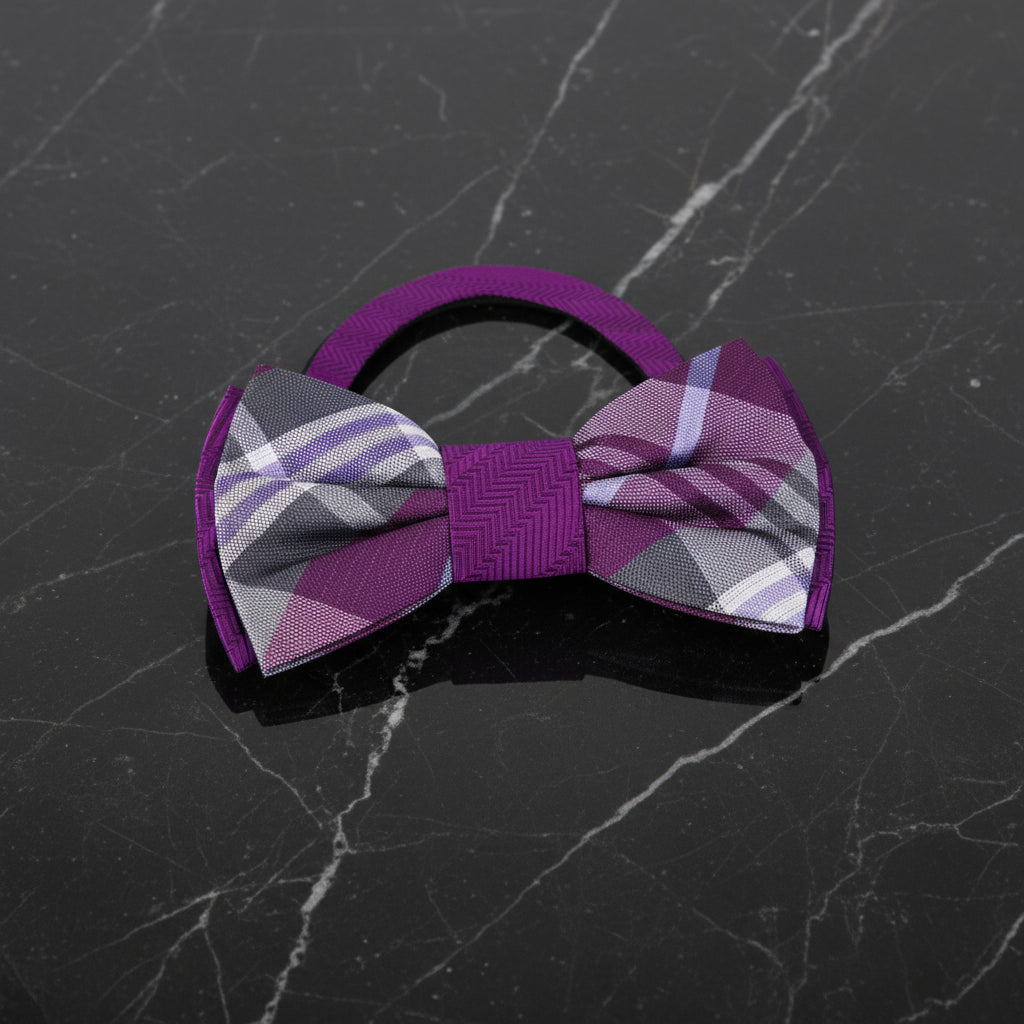 Purple, Grey Plaid Bow Tie Pre Tied