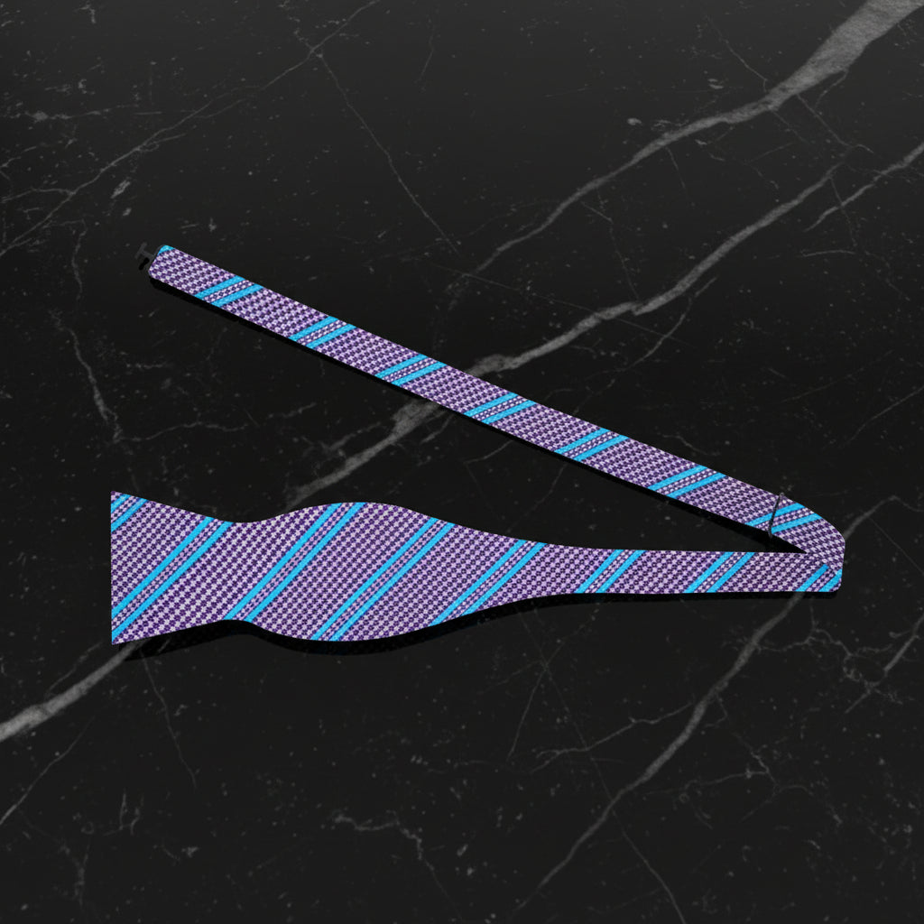 A Grape, Blue Houndstooth with Stripe Pattern Self Tie Bow Tie Untied