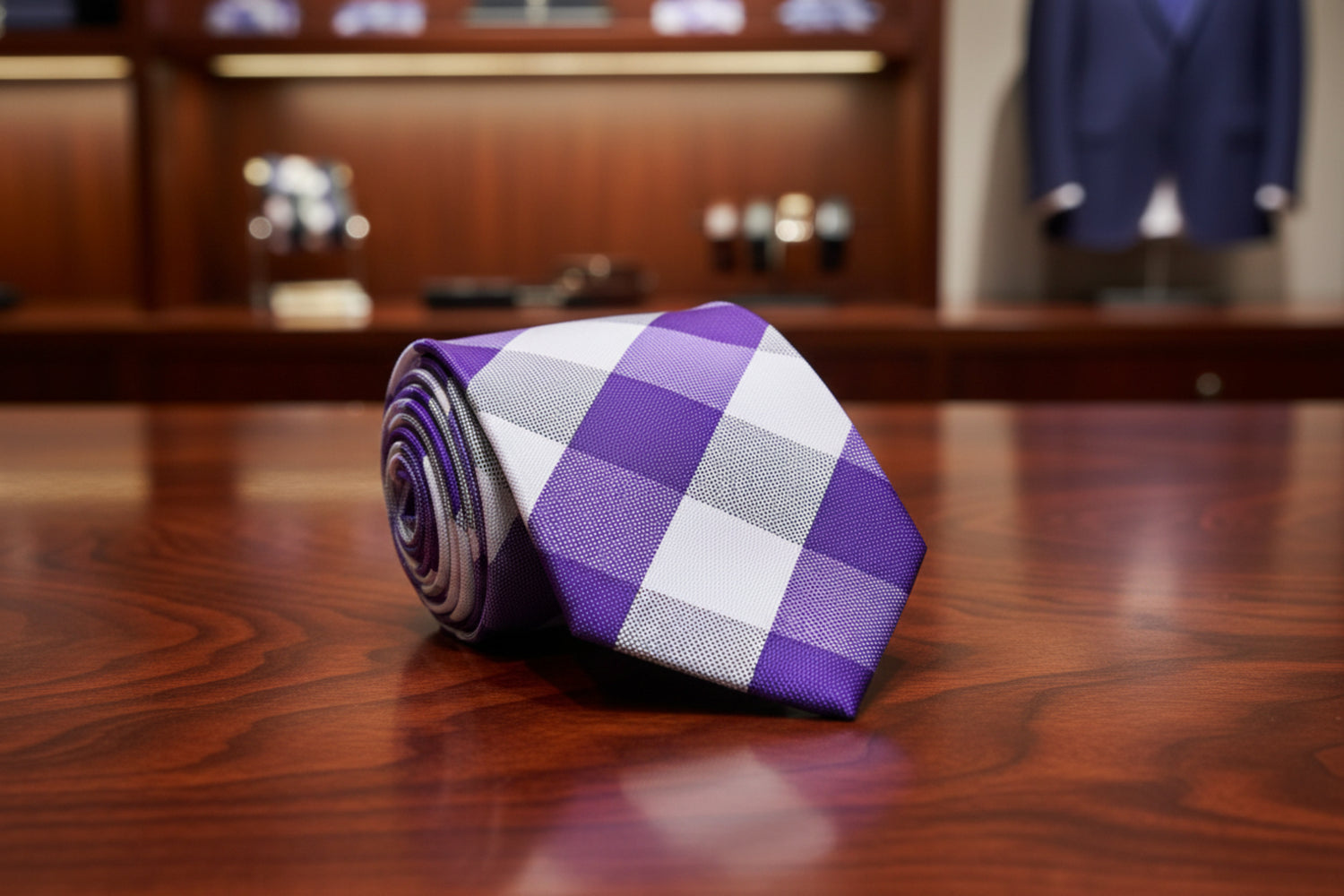 A Purple, White Plaid Pattern Necktie 