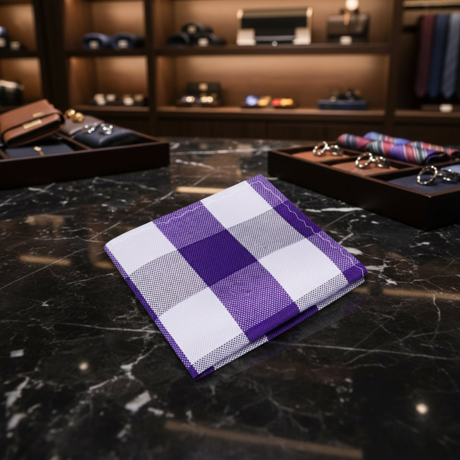 Purple, Light Grey Check Pocket Square