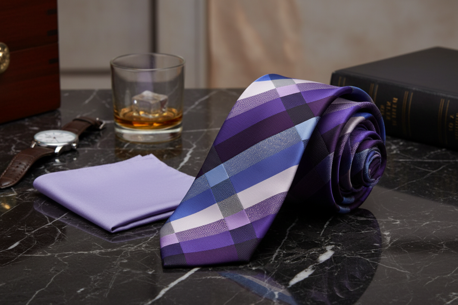 Alt View: A Light Blue, Light Purple, White Color Checker Pattern Necktie, Light Purple Pocket Square