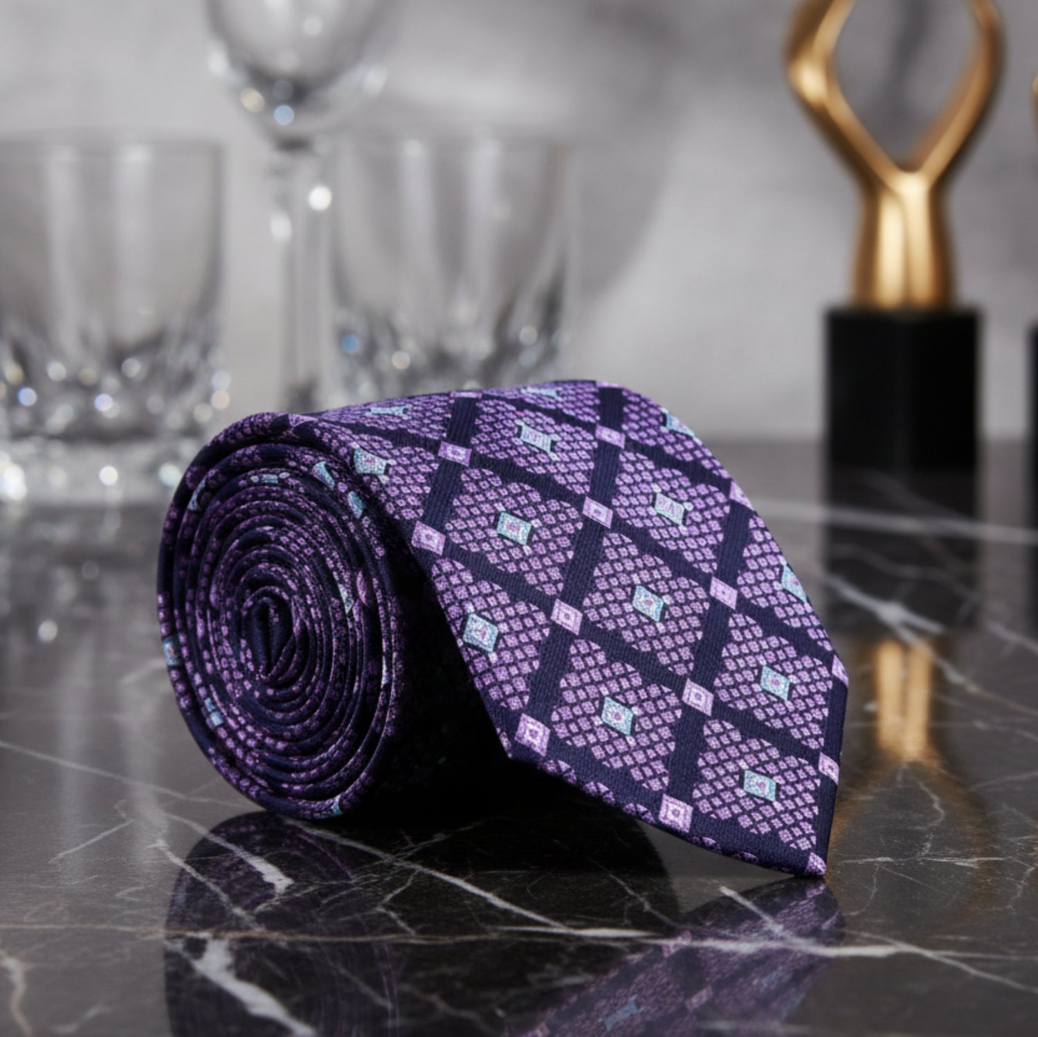 A Purple, Light Purple, Light Blue Abstract Geometric Diamond Pattern Tie