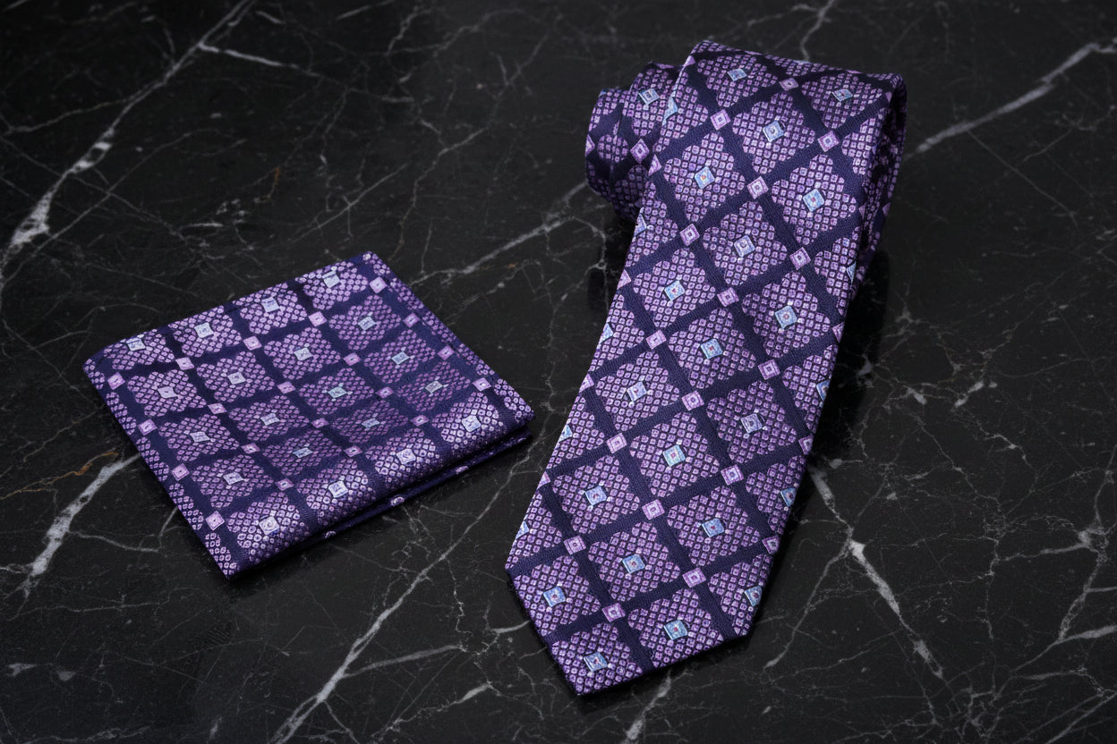 View 2: A Purple, Light Purple, Light Blue Abstract Geometric Diamond Pattern Necktie, Matching Pocket Square