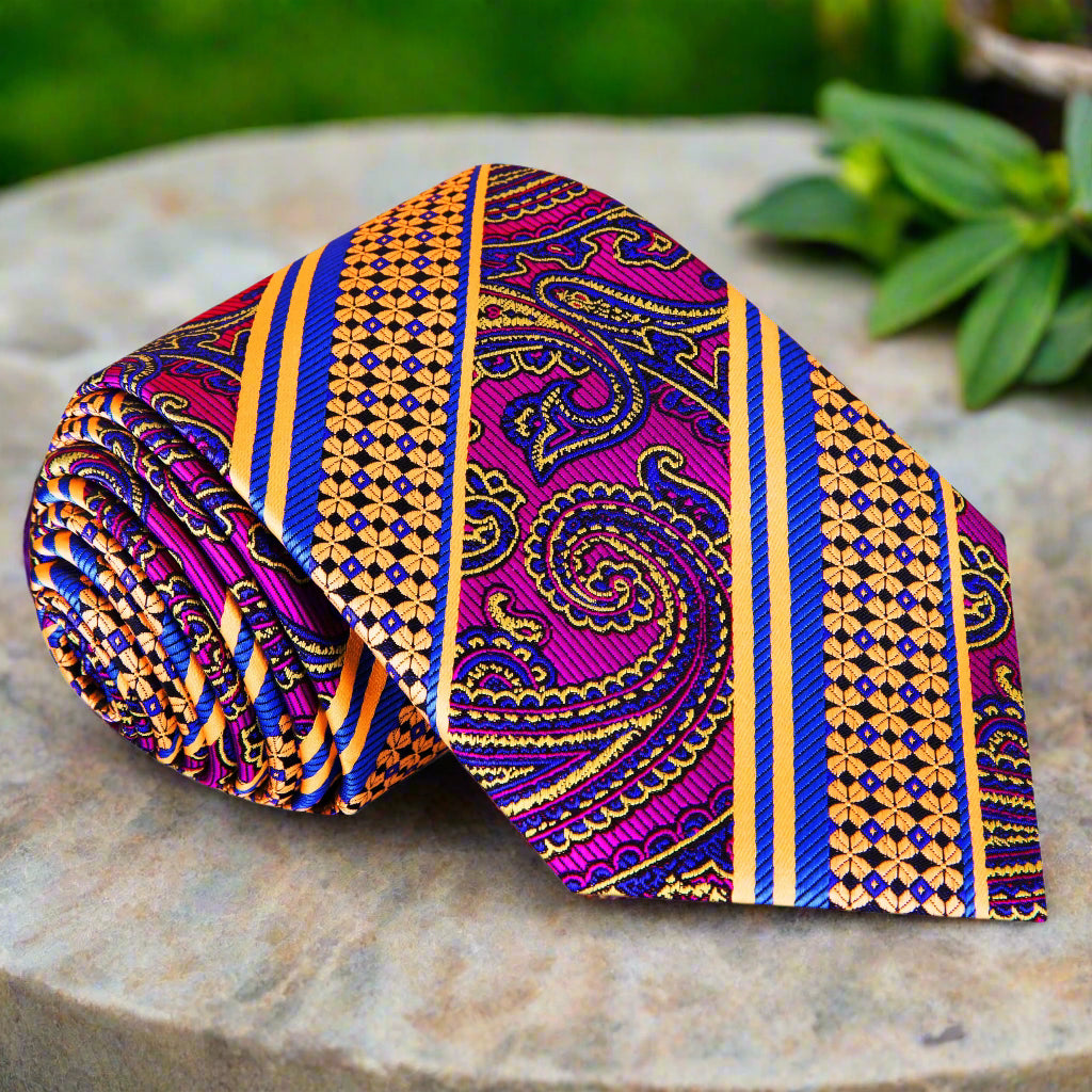 A Purple, Orange, Blue Paisley Pattern Silk Necktie 