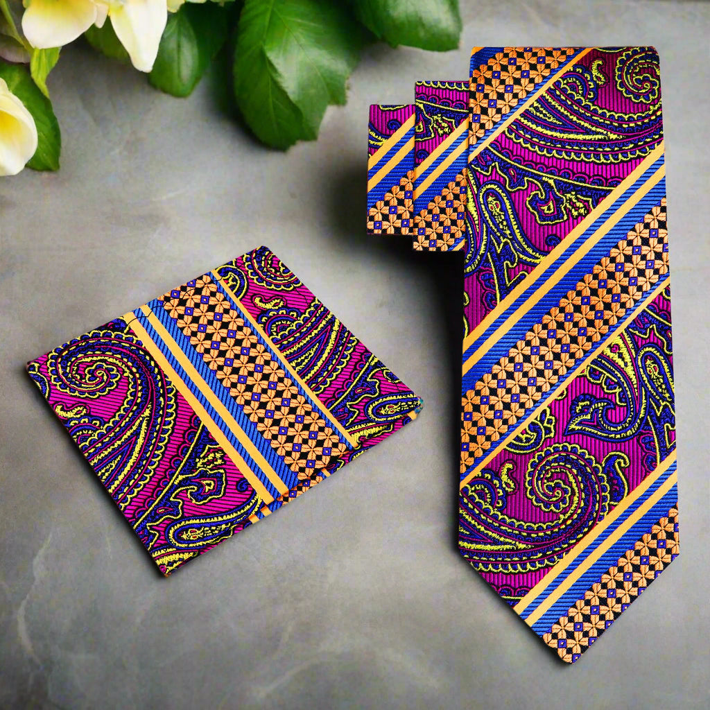 Alt View: A Purple, Orange, Blue Paisley Pattern Silk Necktie, Matching Pocket Square