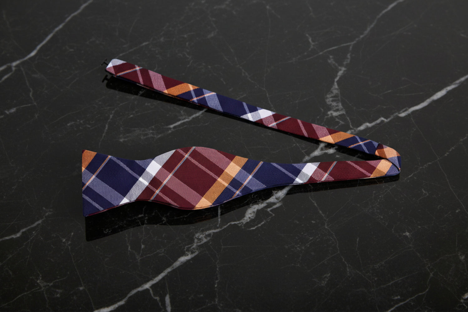 A Blue, Orange, Purple Plaid Pattern  Self Tie Bow Tie Untied