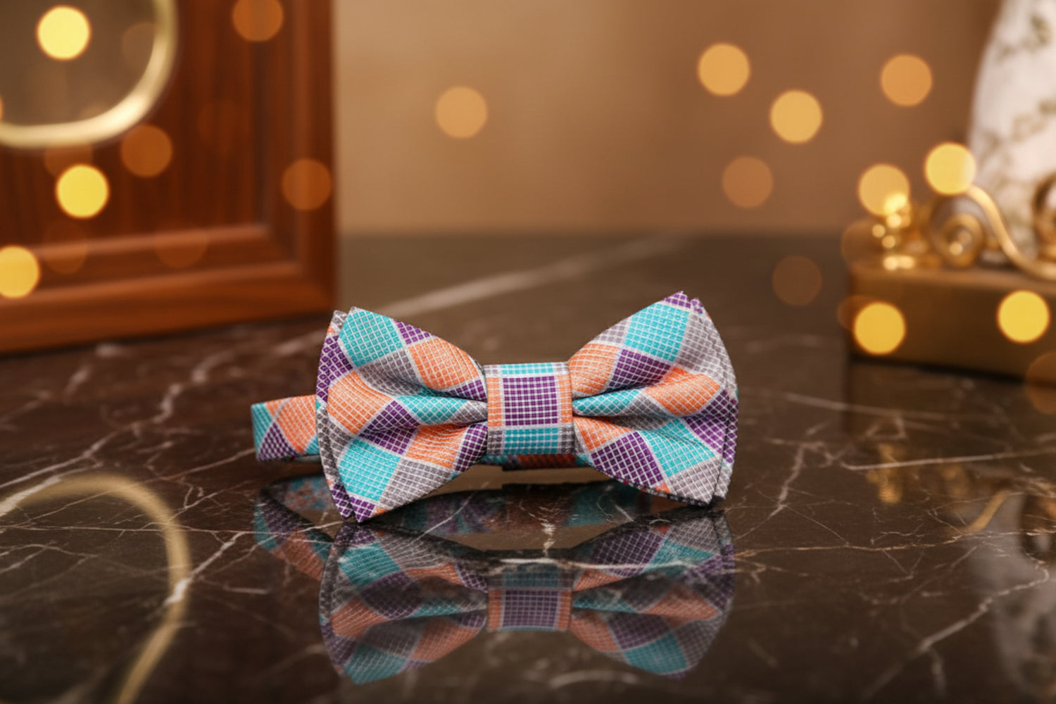 A Purple, Orange, Light Blue, Grey Geometric Bow Tie