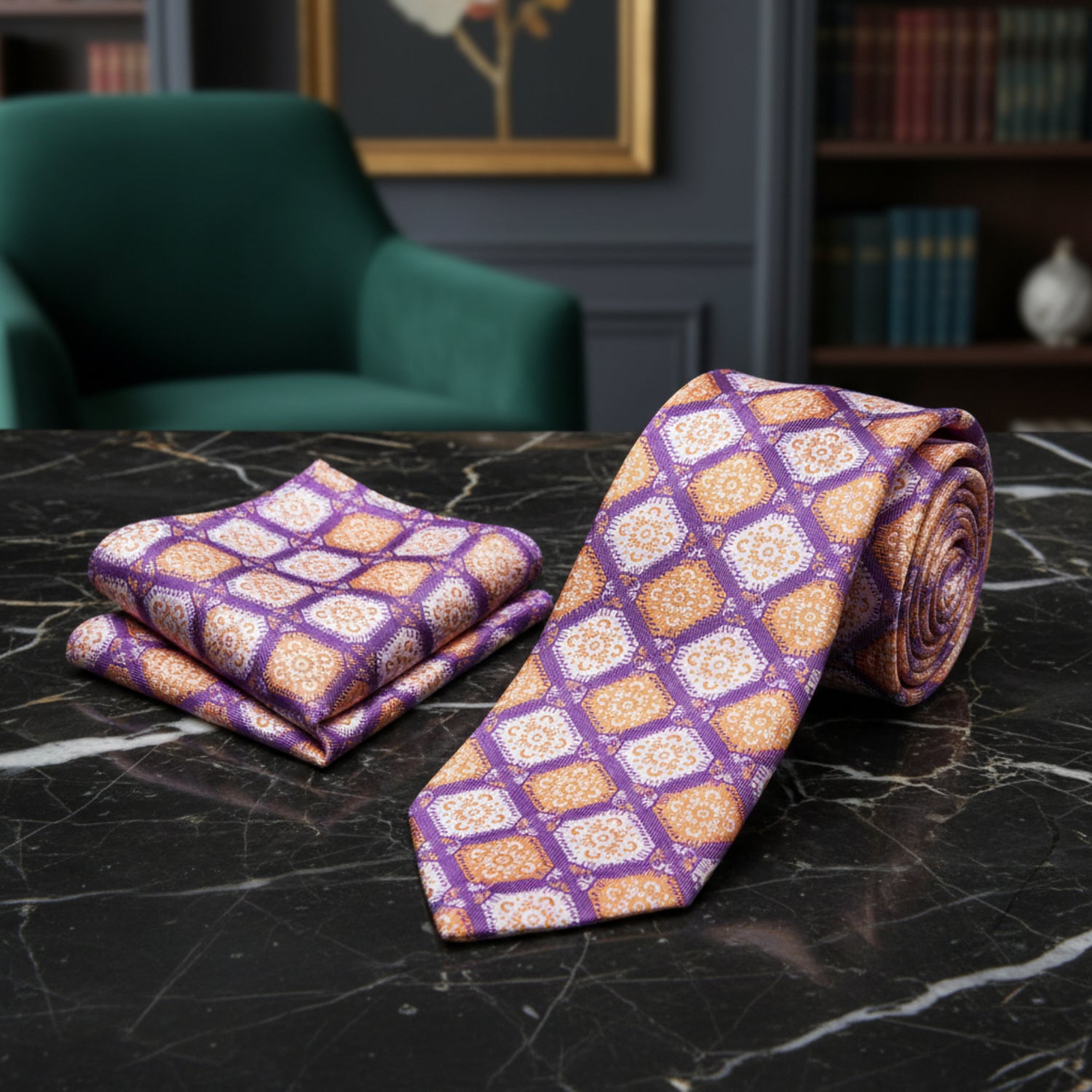 Alt View: An Orange, Purple, Cream Color Abstract Geometric Diamond Shape Tie and Pocket Square